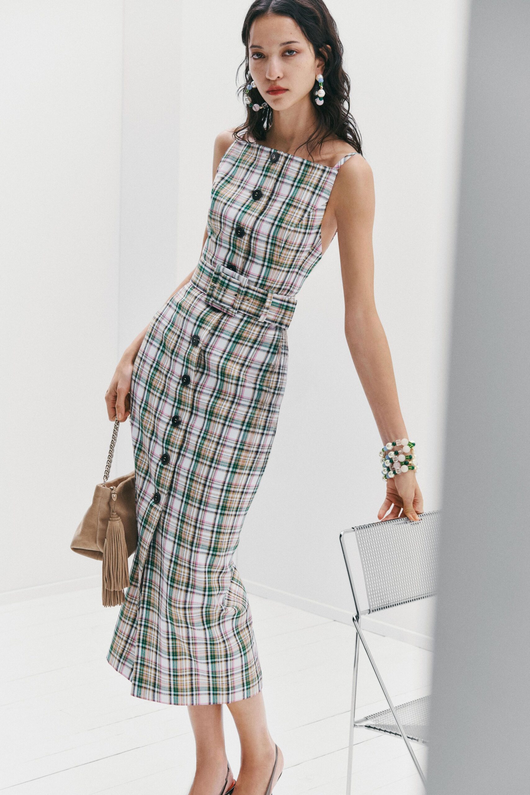 multi cotton sleeveless square-neck fitted checked buttoned dress