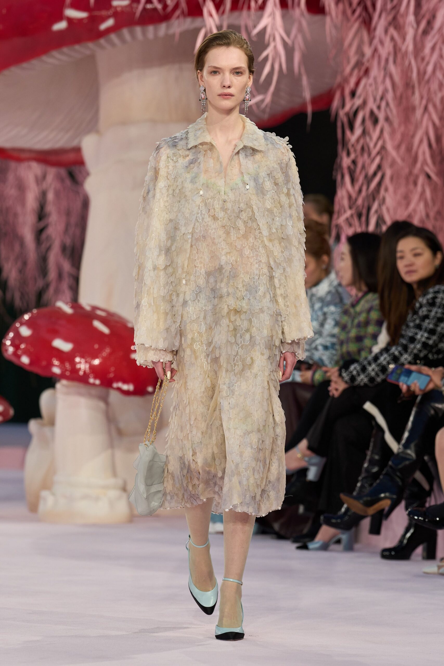 beige silk long-sleeve collared relaxed layered pleated dress
