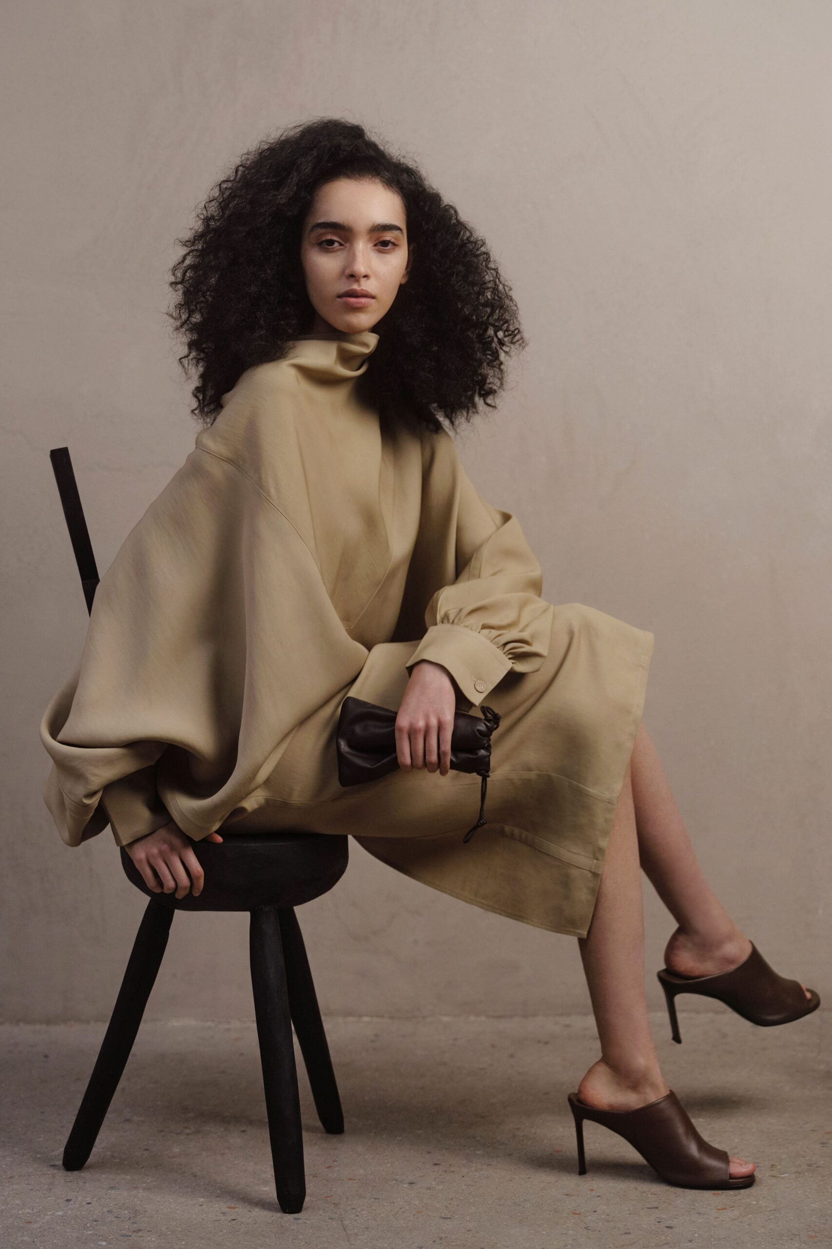 beige silk long-sleeve high-neck oversized draped midi dress