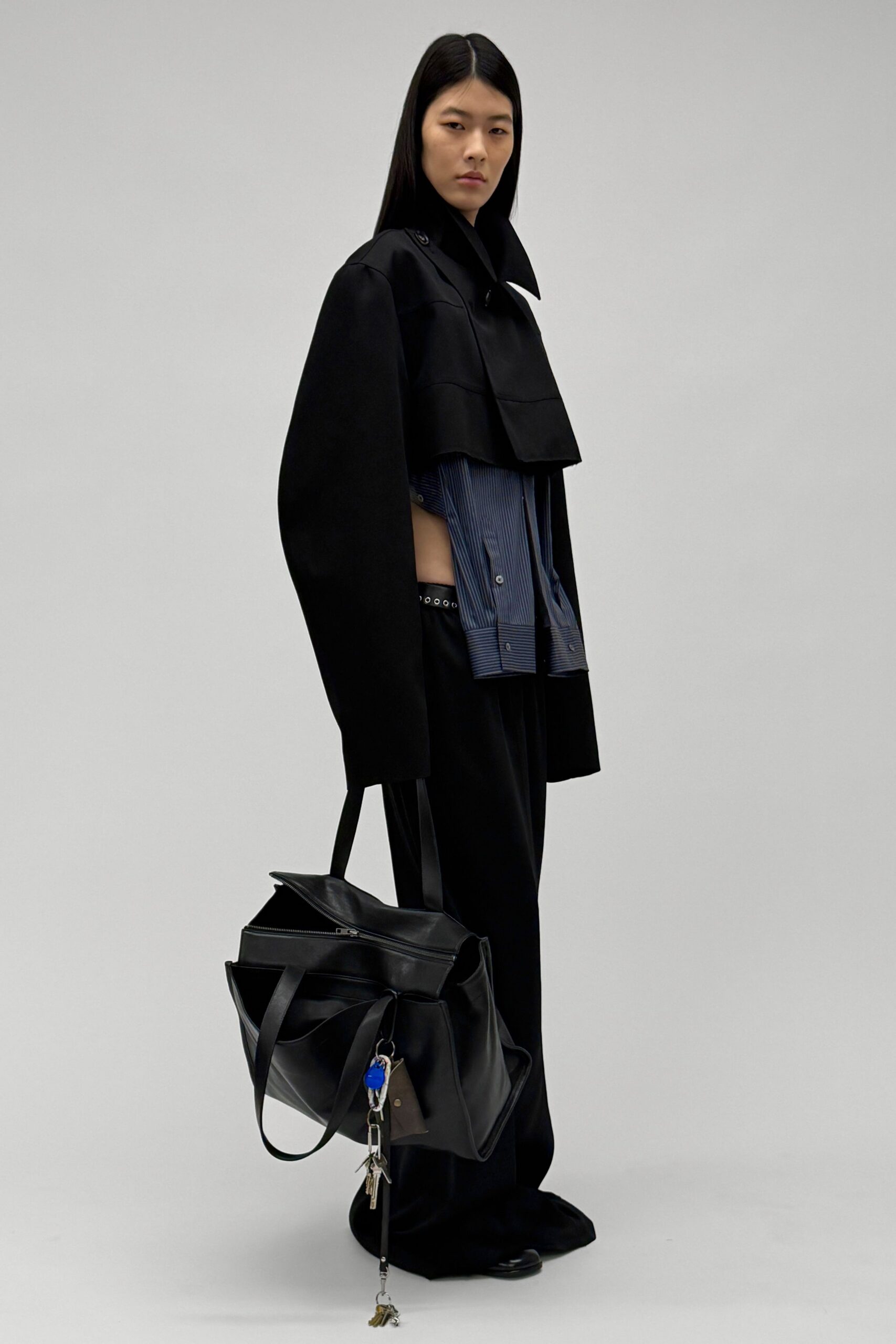 black cotton long-sleeve collared oversized layered jacket