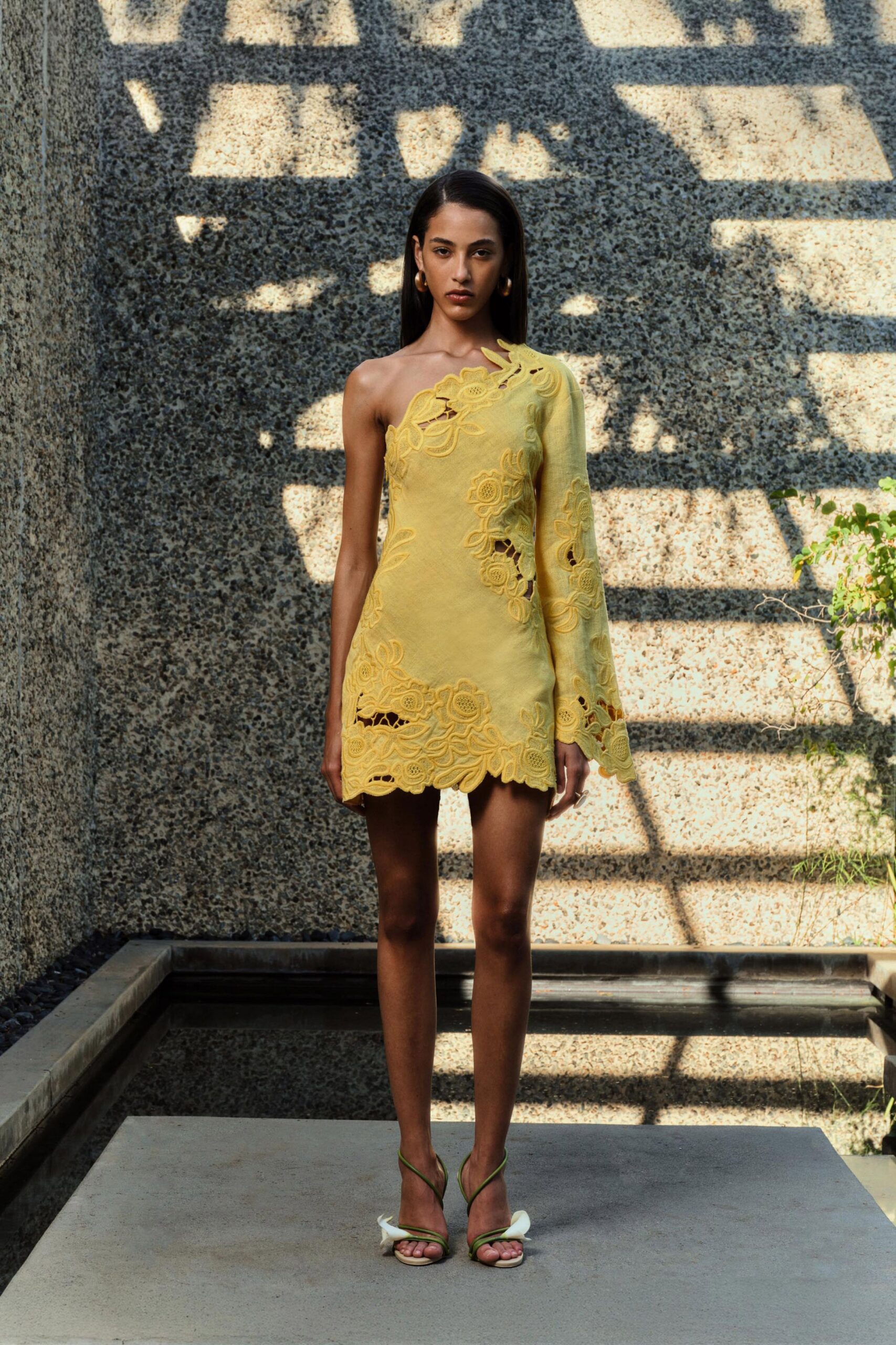 yellow lace sleeveless asymmetric fitted embroidered mini dress