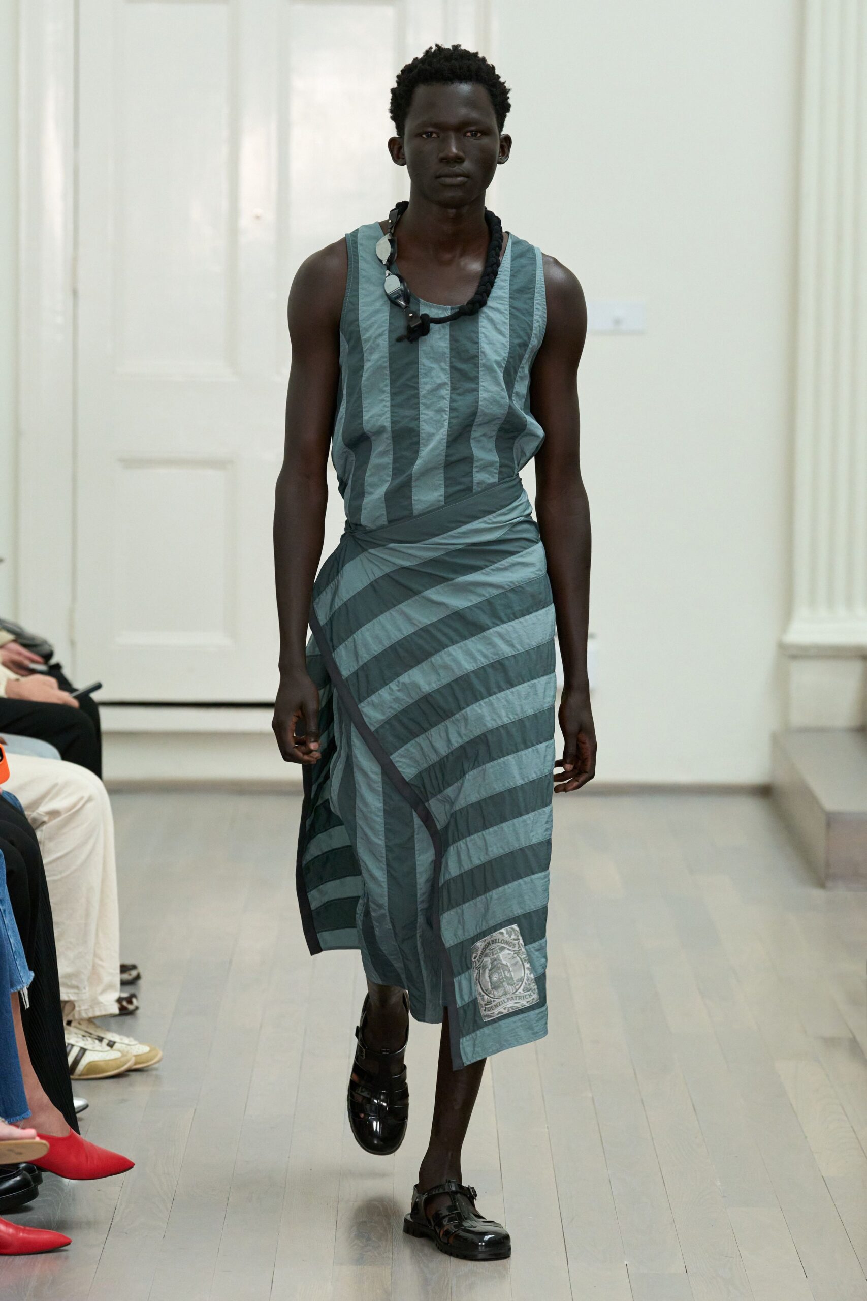 blue green striped midi dress with black shoes
