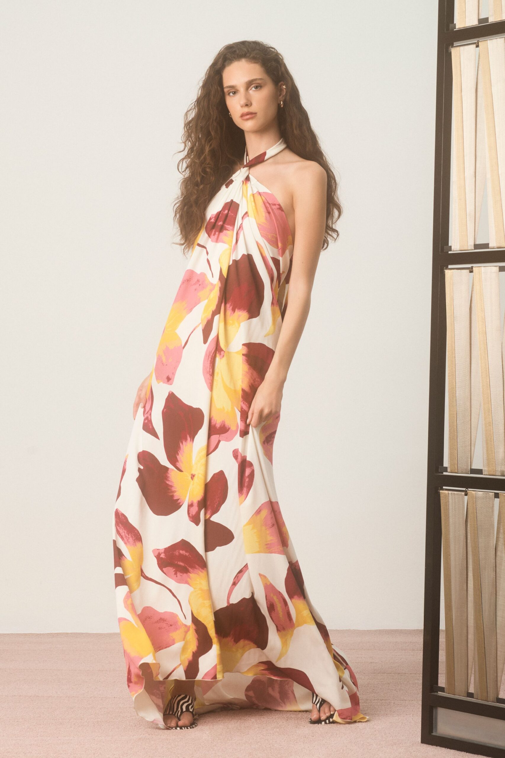 floral maxi dress with striped shoes
