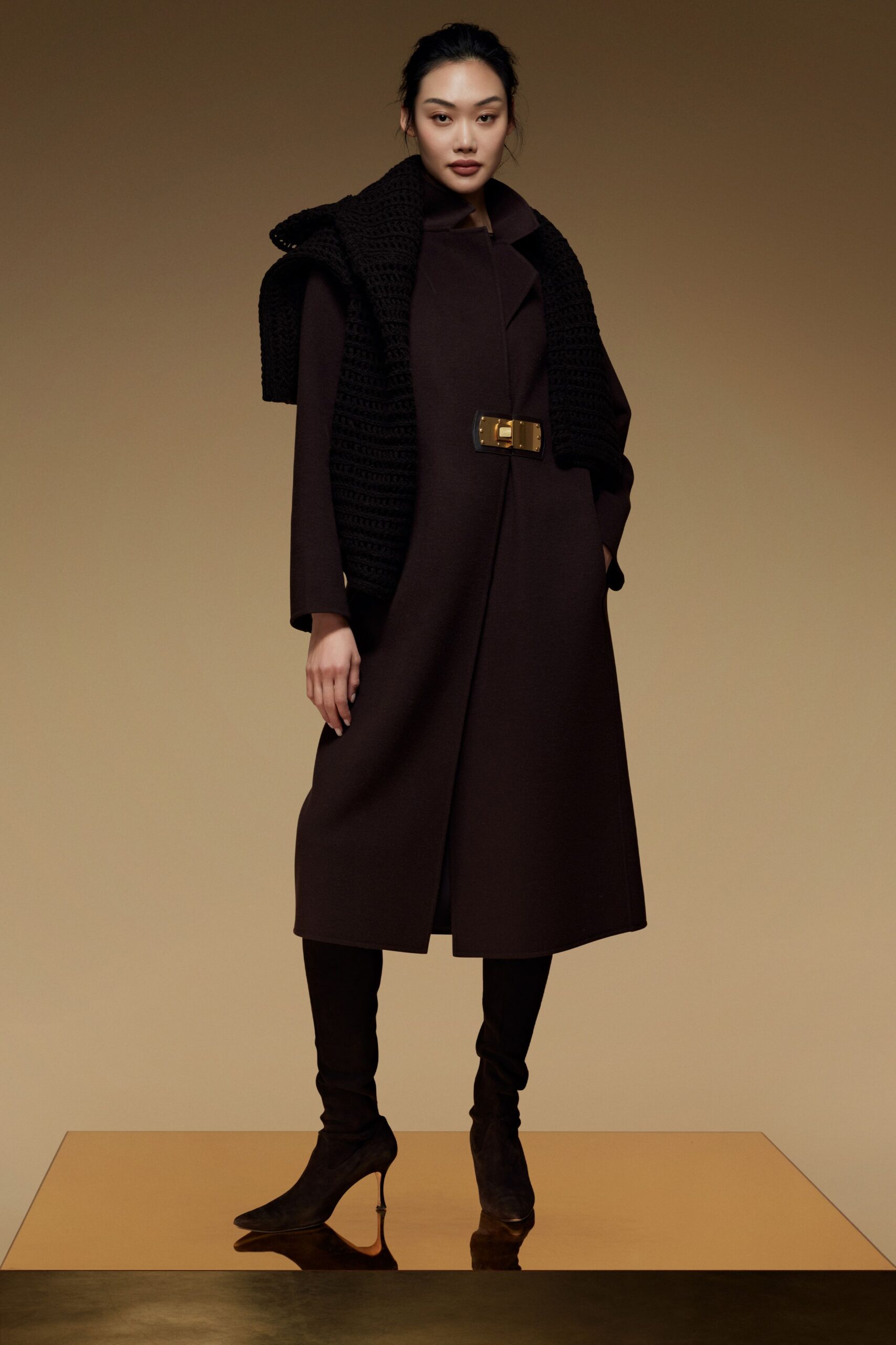brown wool long-sleeve collared relaxed belted midi coat