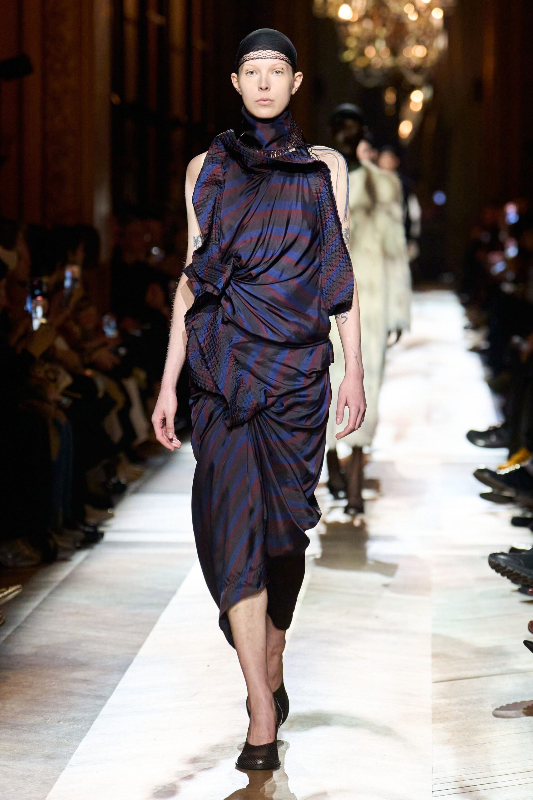 blue purple draped midi dress with black shoes