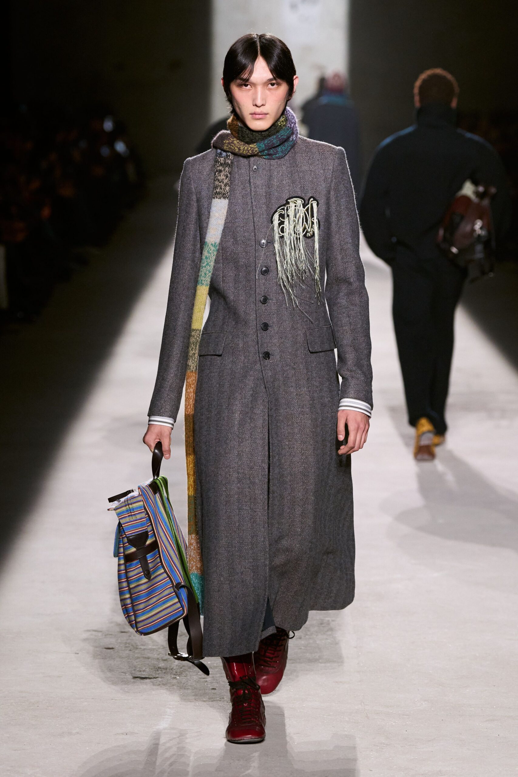 gray wool long-sleeve collared fitted buttoned maxi coat