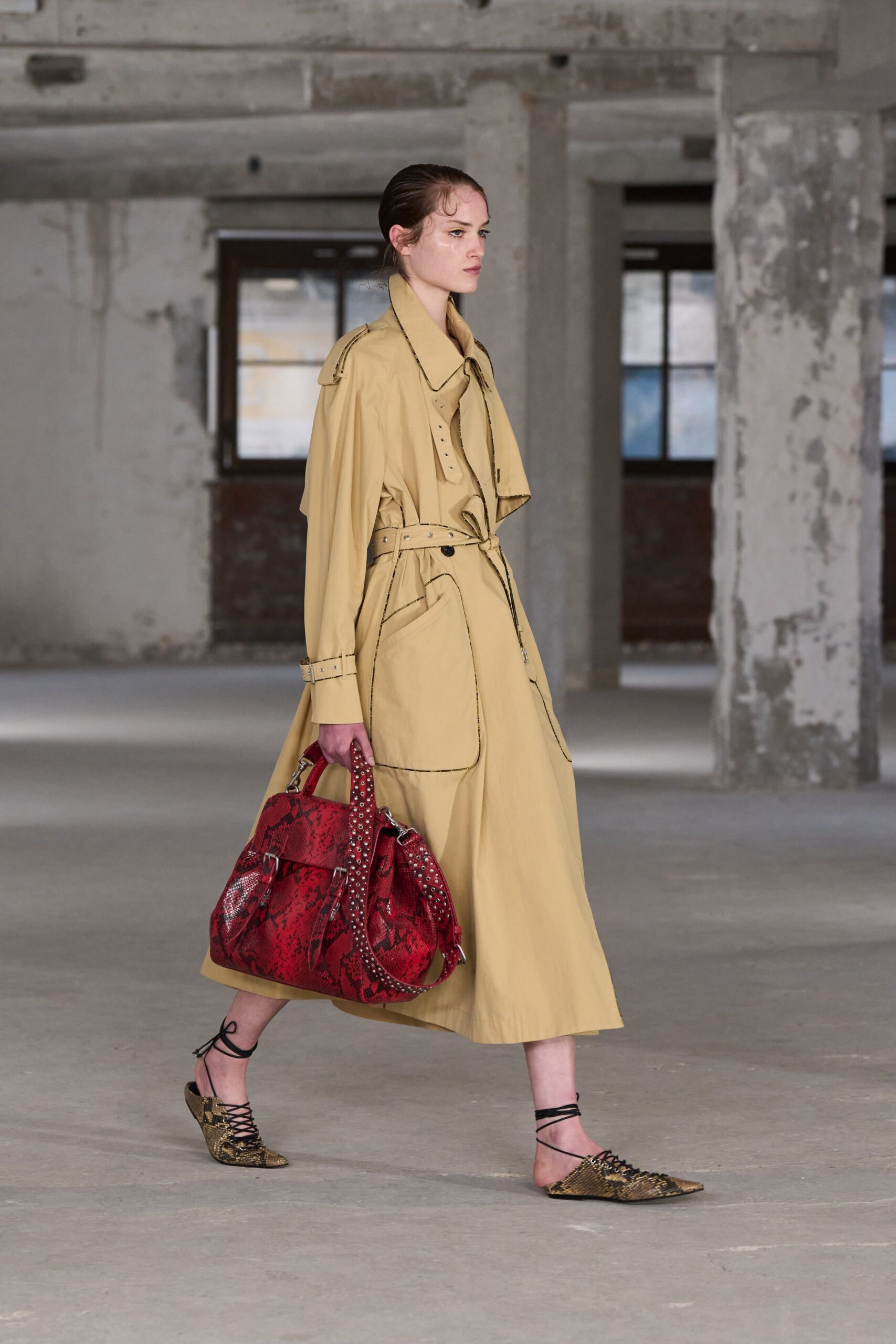 beige cotton long-sleeve collared relaxed belted midi trench