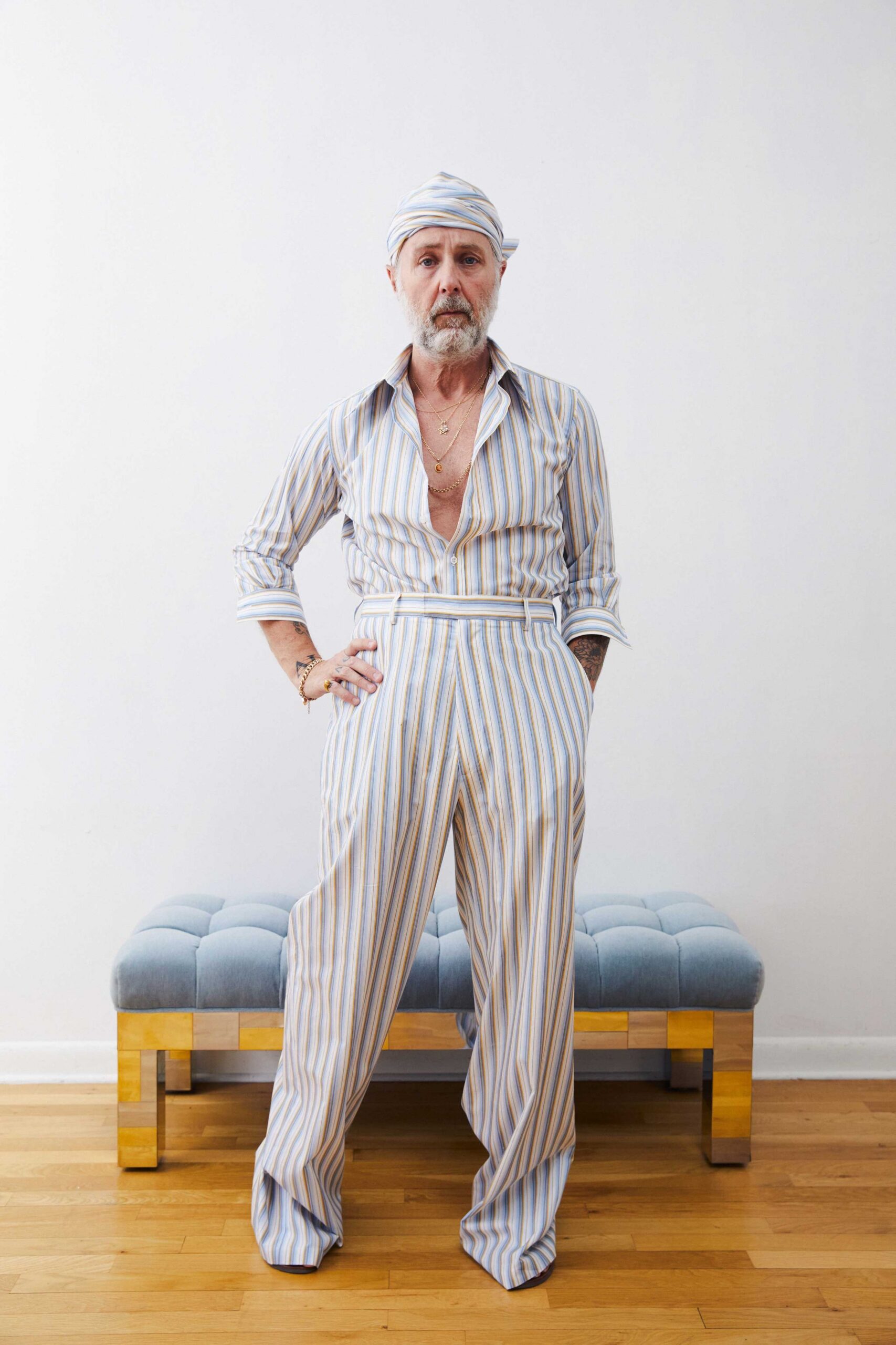 blue cotton fitted high-waisted striped pleated pants