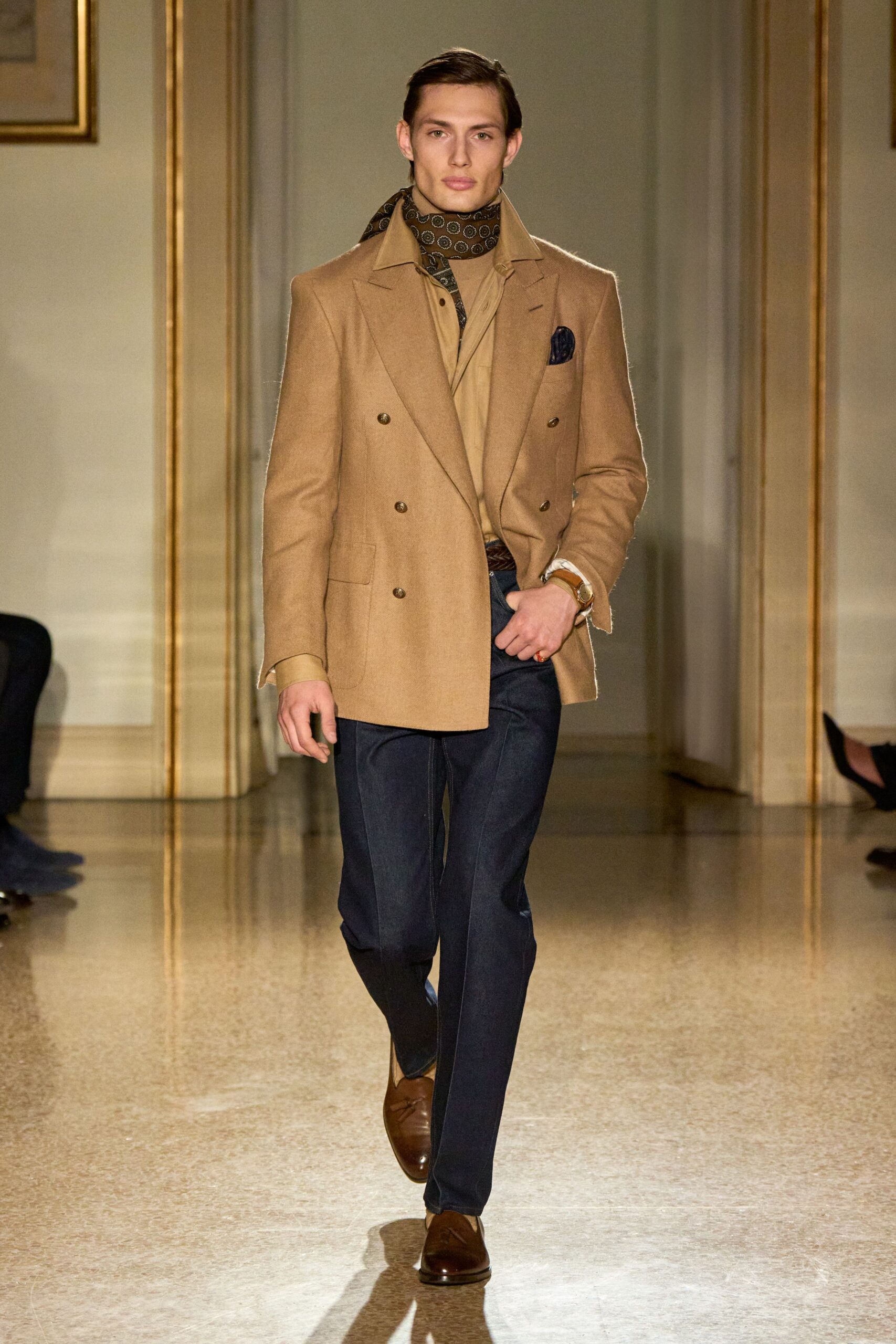 brown tailored blazer with beige shirt