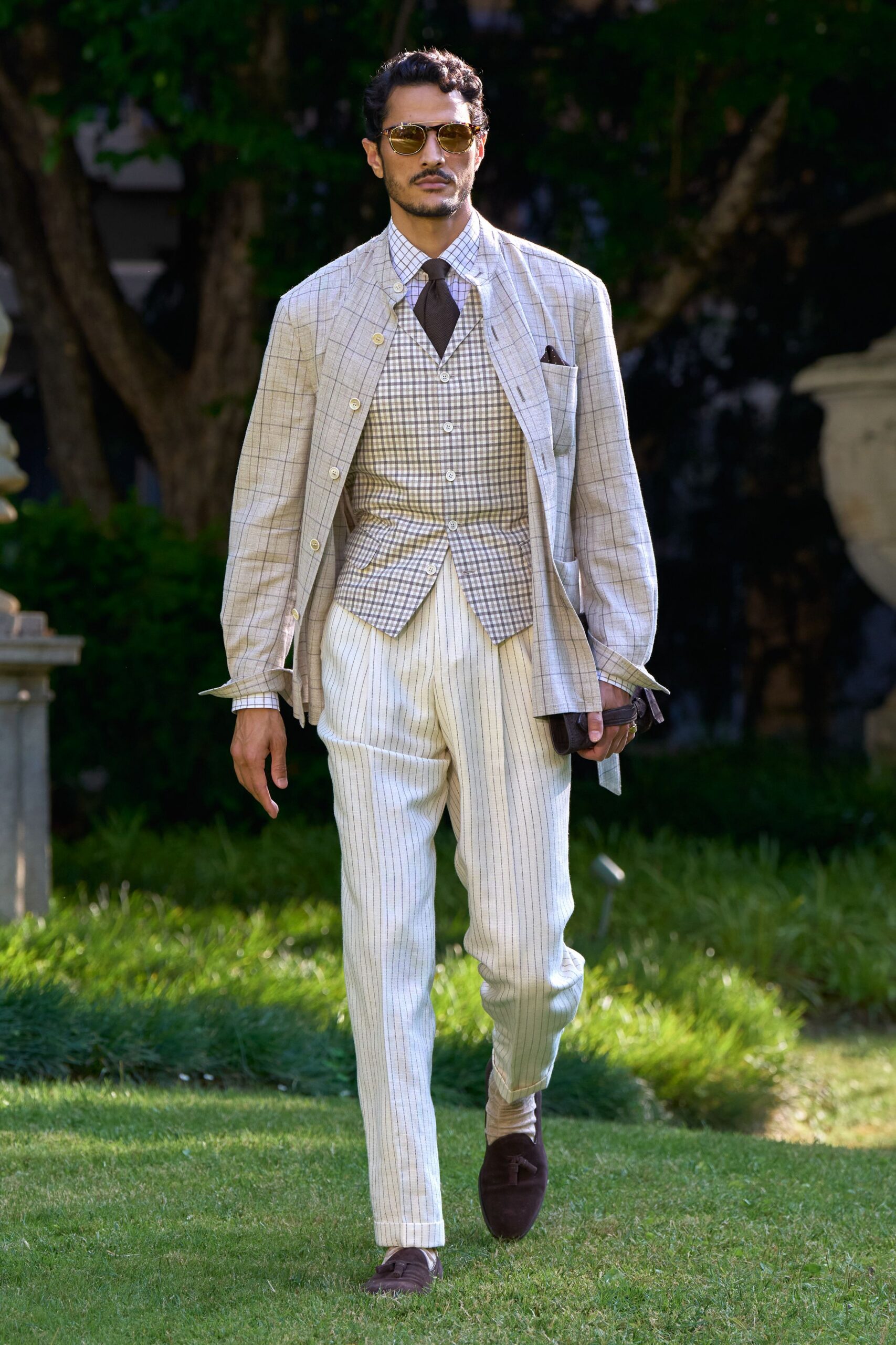beige checked blazer with white shirt