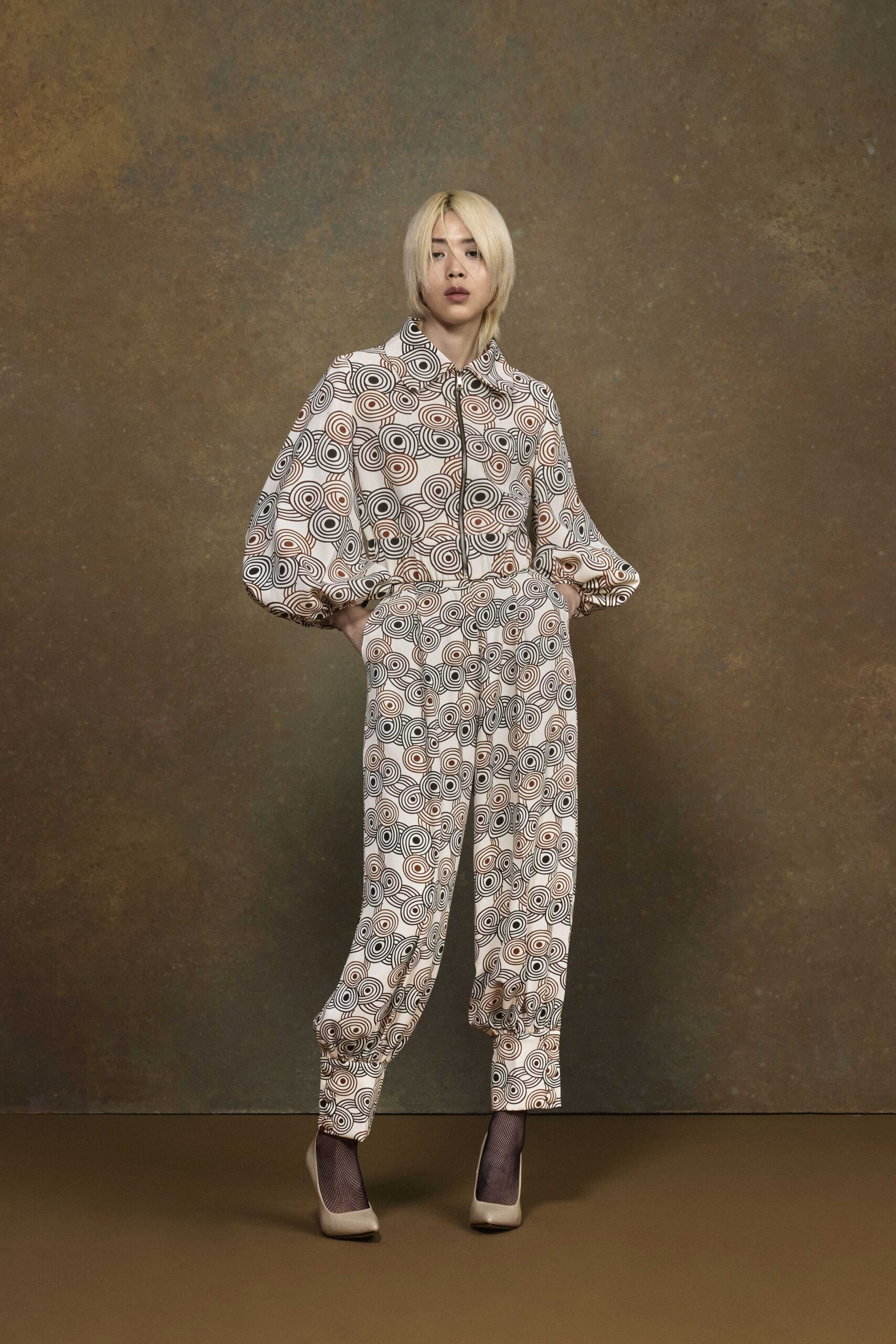 beige cotton long-sleeve collared relaxed printed jumpsuit
