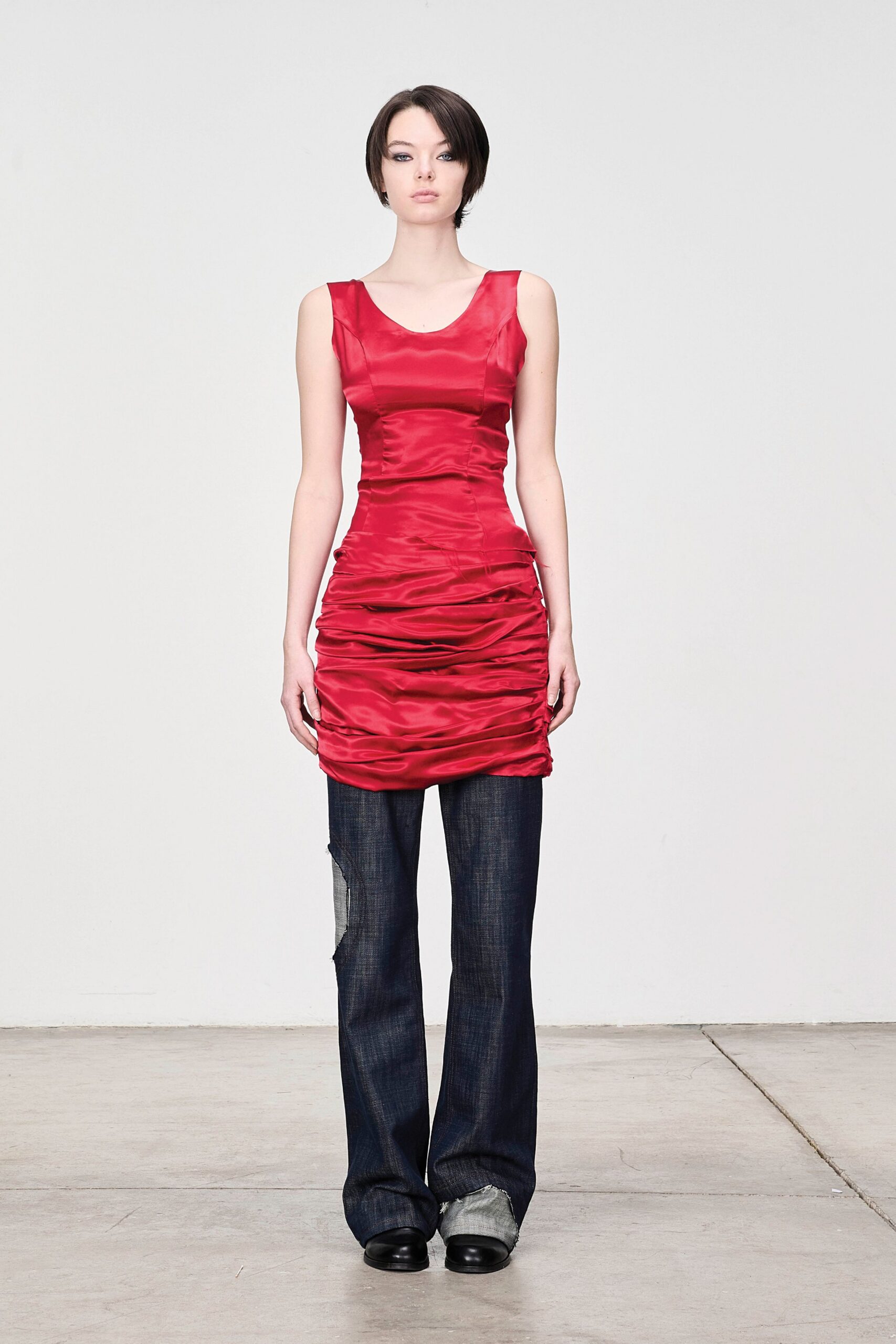 red silk ruched dress with denim pants