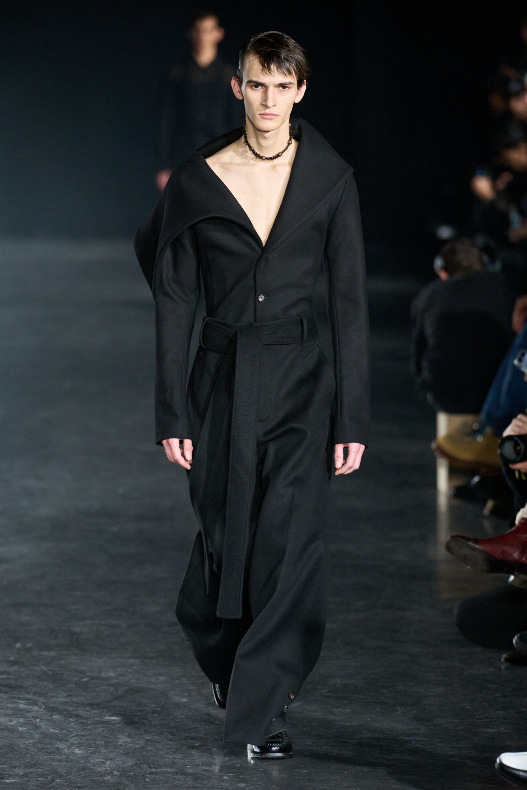 black wool coat with fitted shirt