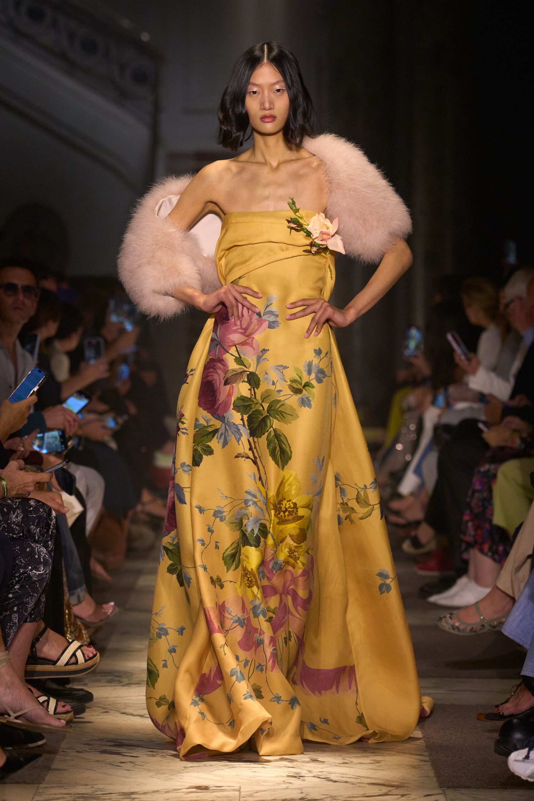 yellow floral silk gown with pink fur cape