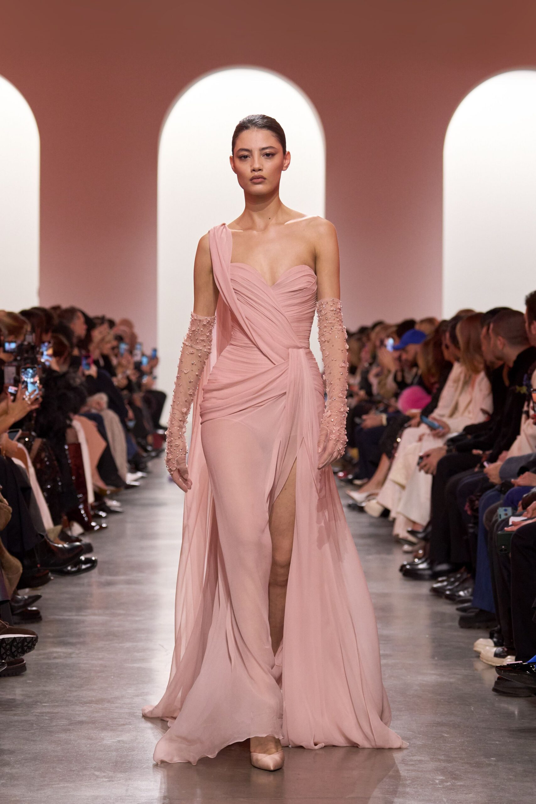 pink silk strapless asymmetric fitted draped flowing gown