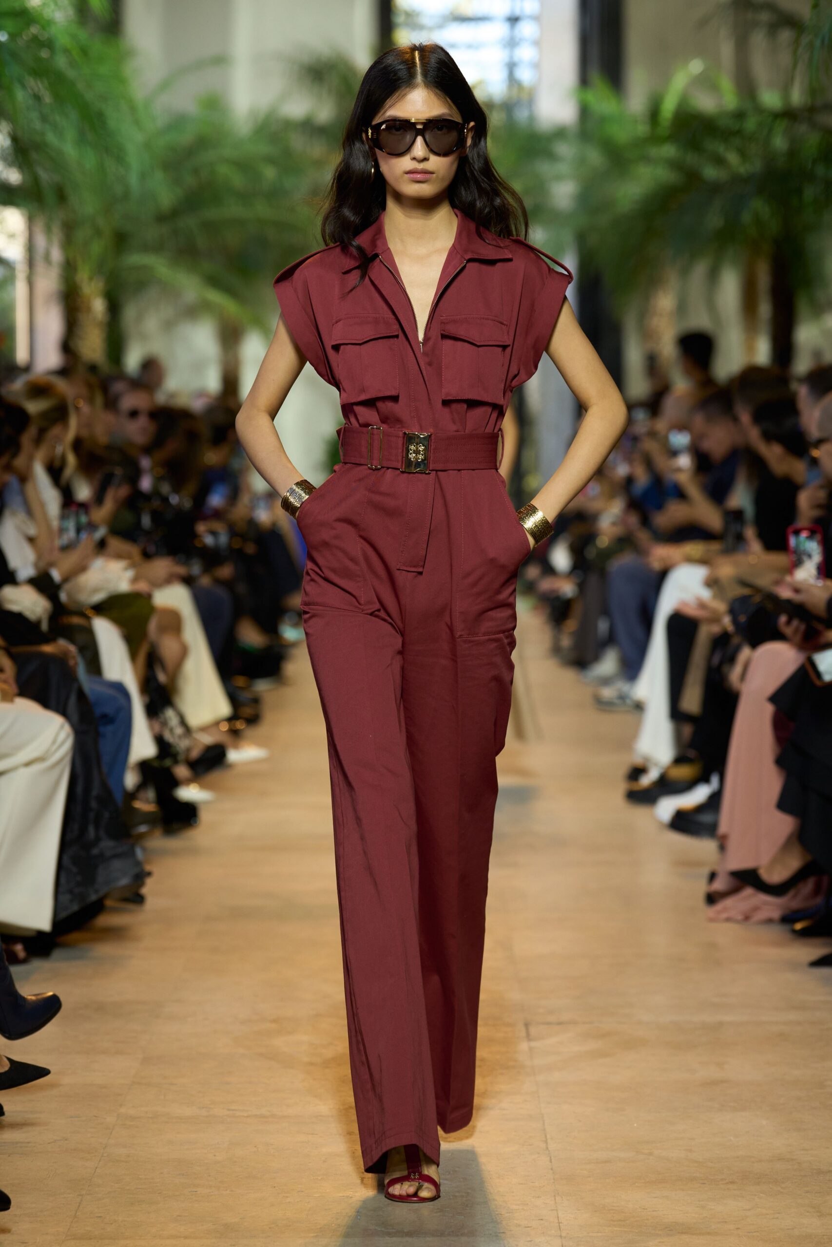 red cotton sleeveless collared fitted belted wide-leg jumpsuit