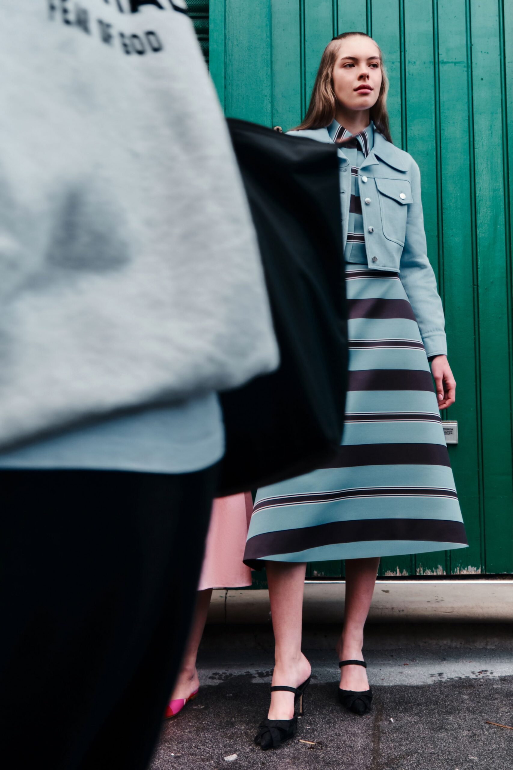 blue cotton sleeveless collared fitted striped a-line dress
