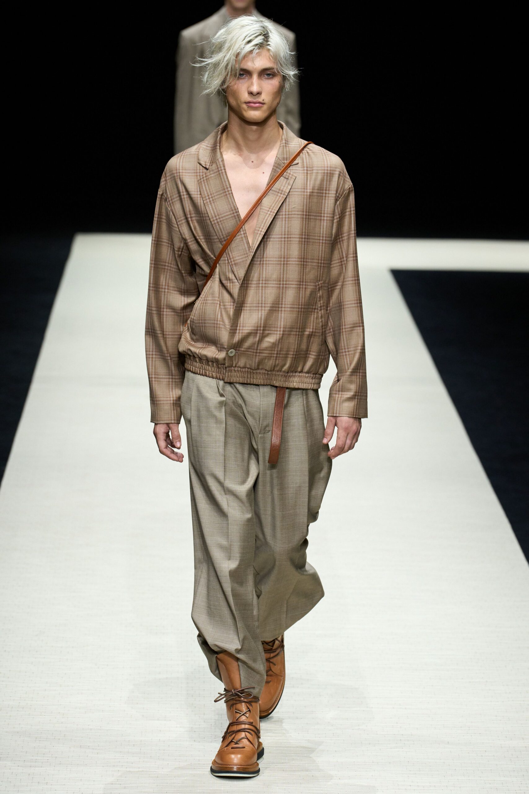 beige checked jacket gray pants brown shoes