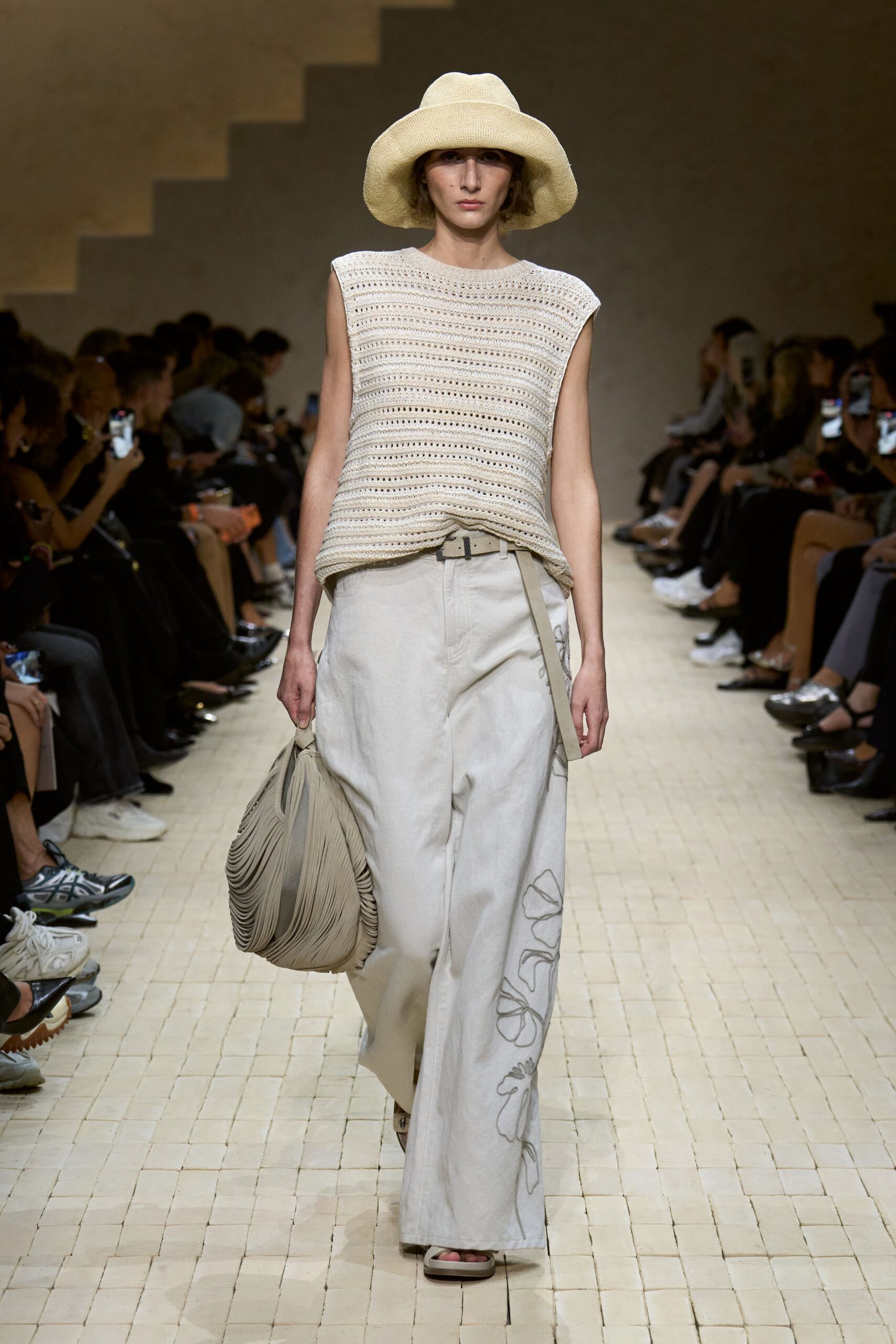 beige crochet top and gray wide-leg pants