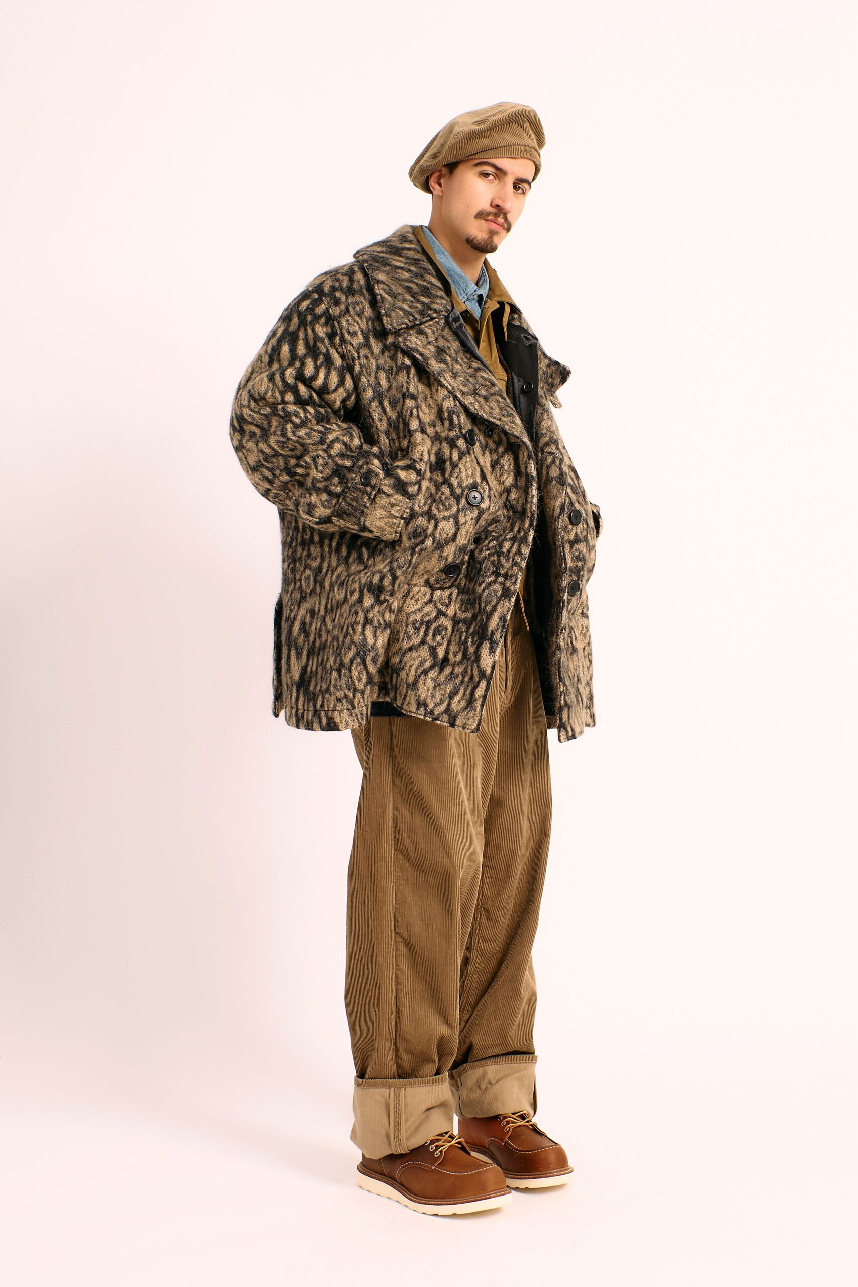 brown faux-fur relaxed printed coat