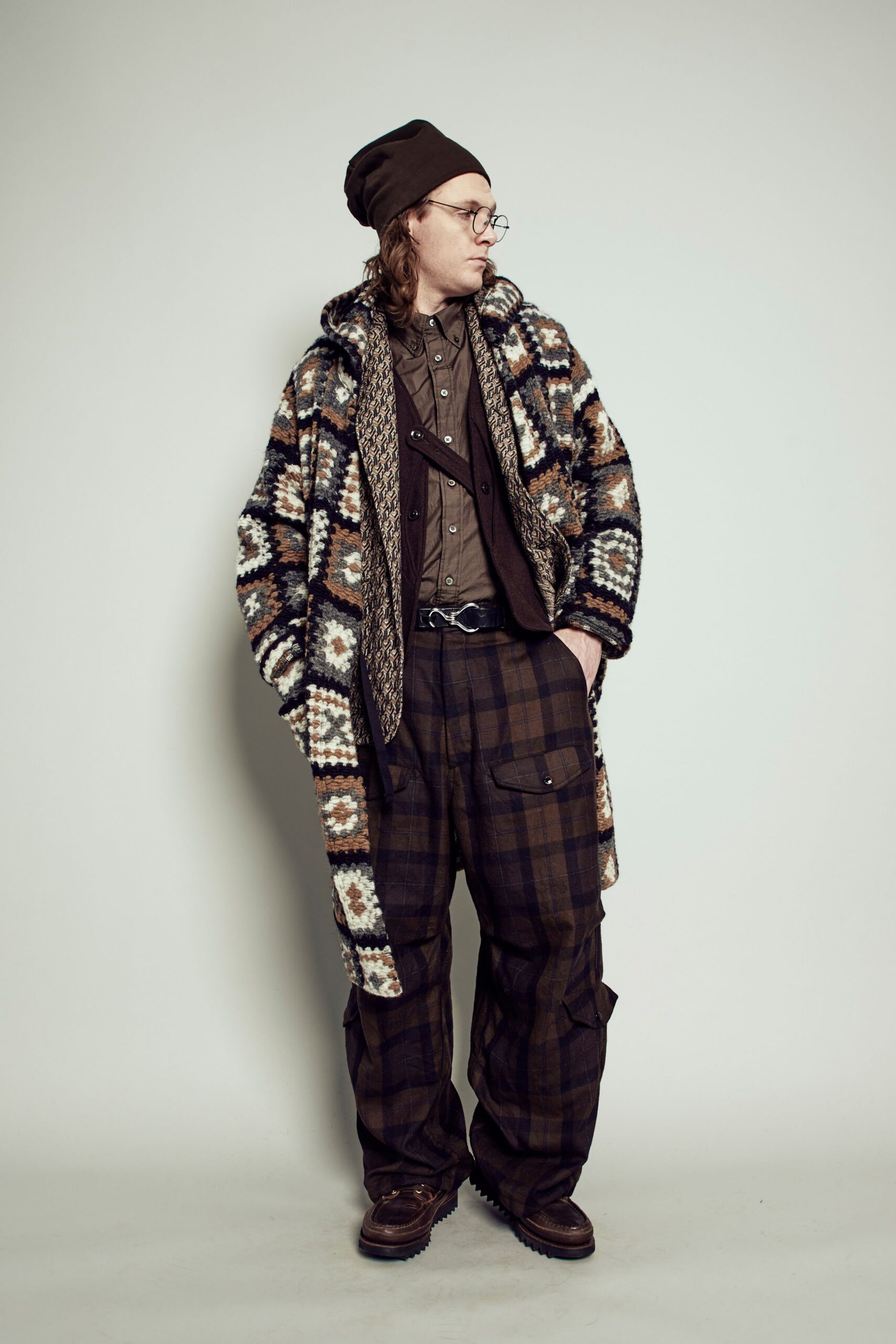 brown wool long-sleeve collared relaxed layered printed coat