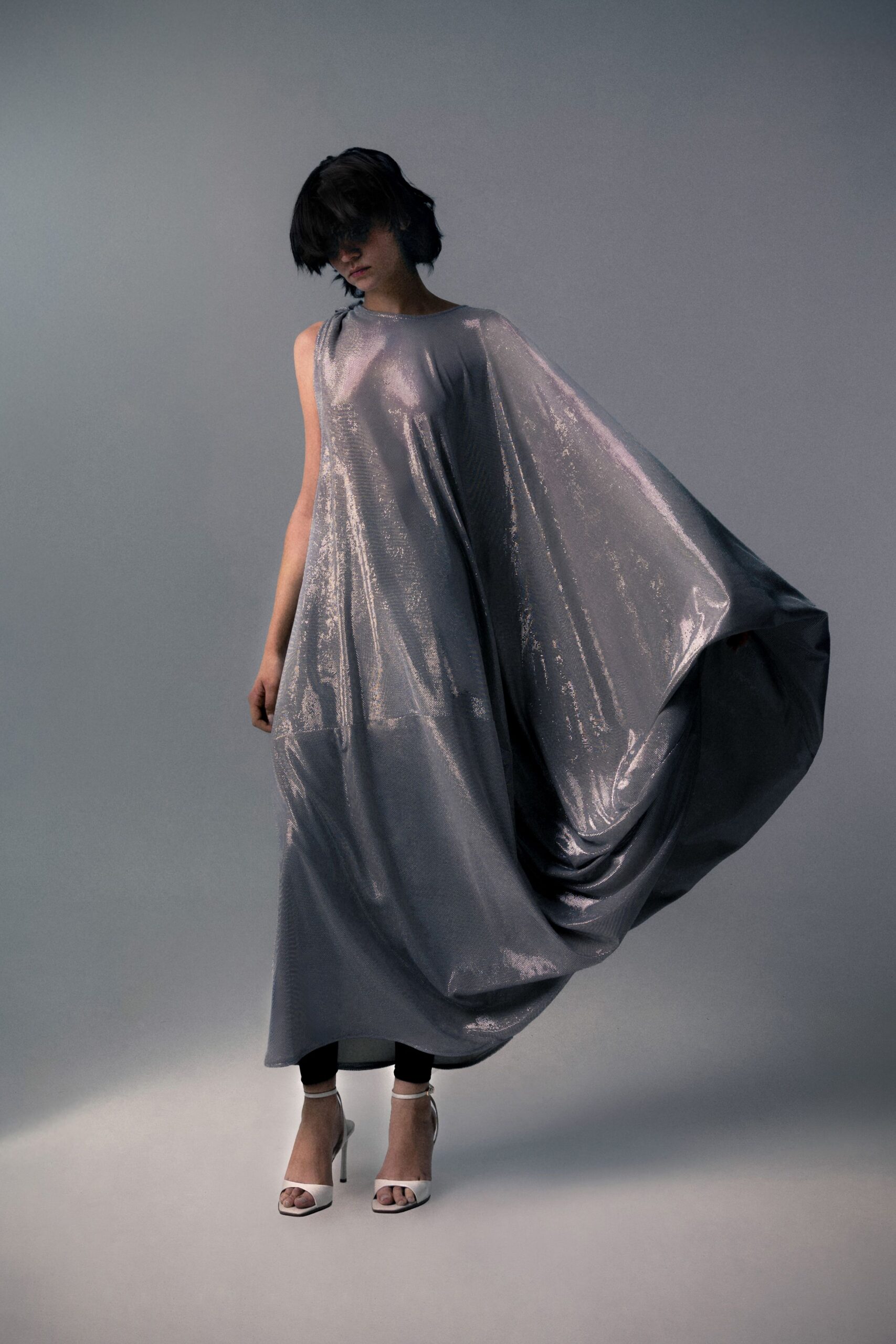 gray silk sleeveless relaxed draped shiny maxi dress