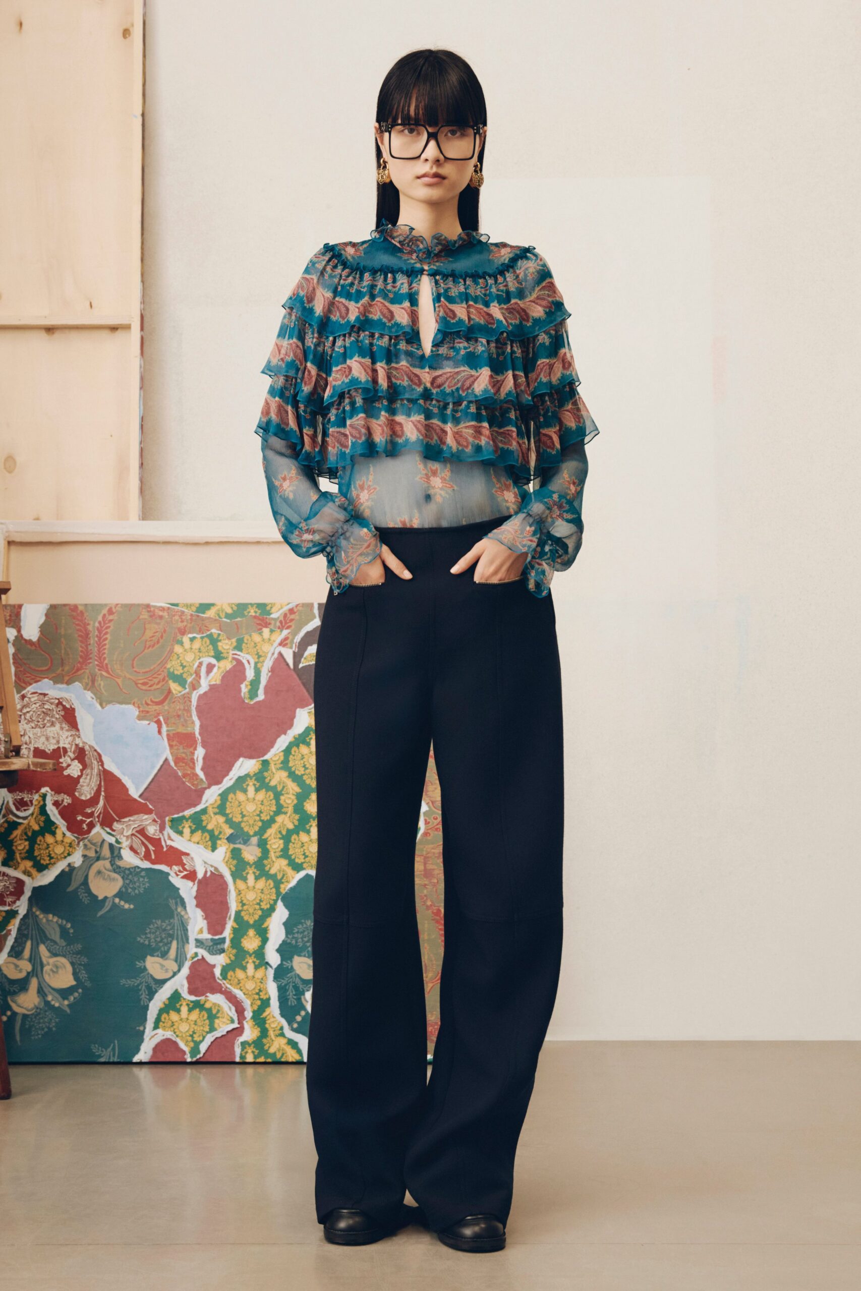 blue chiffon long-sleeve collared relaxed ruffled sheer blouse