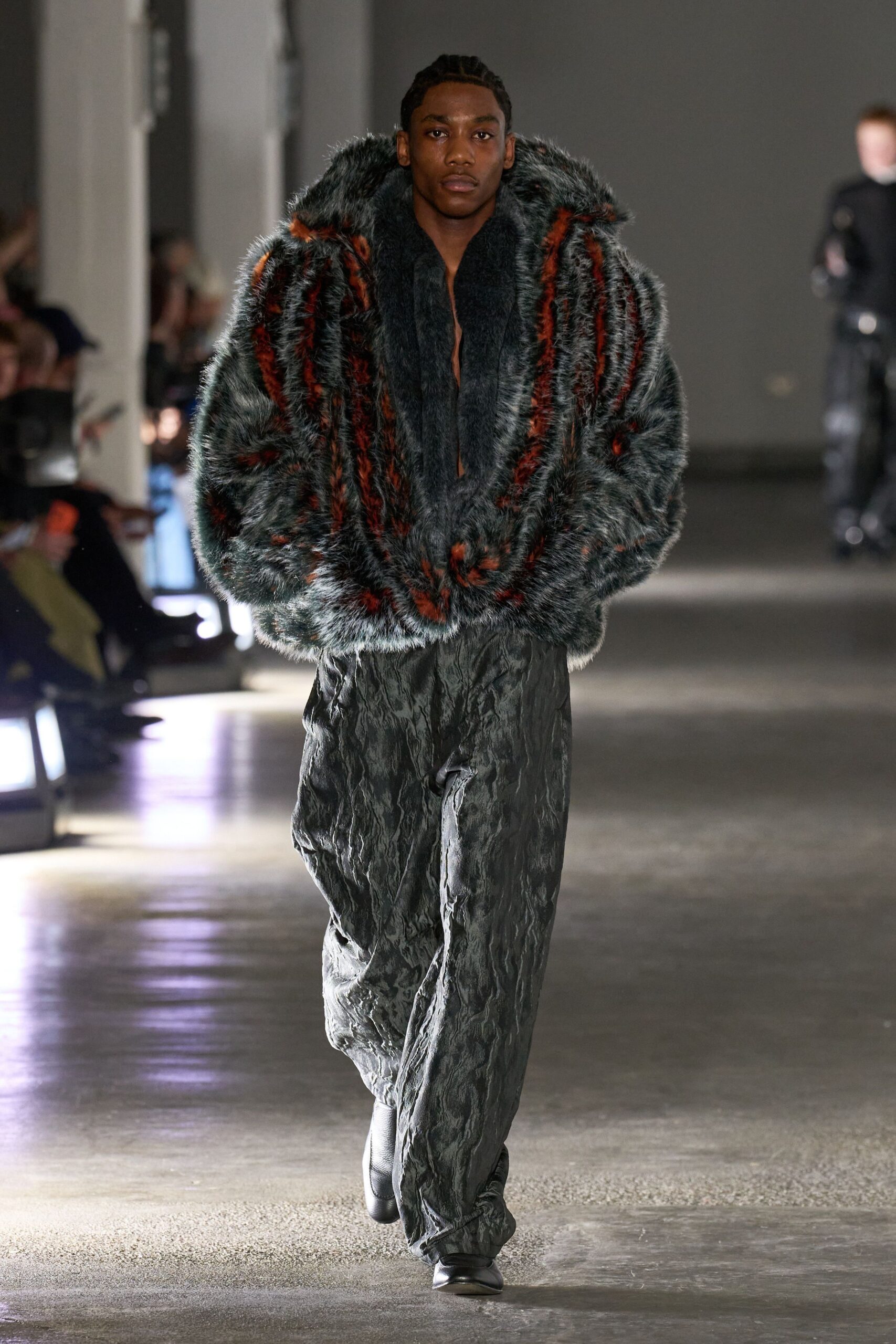 gray faux-fur coat with pleated pants