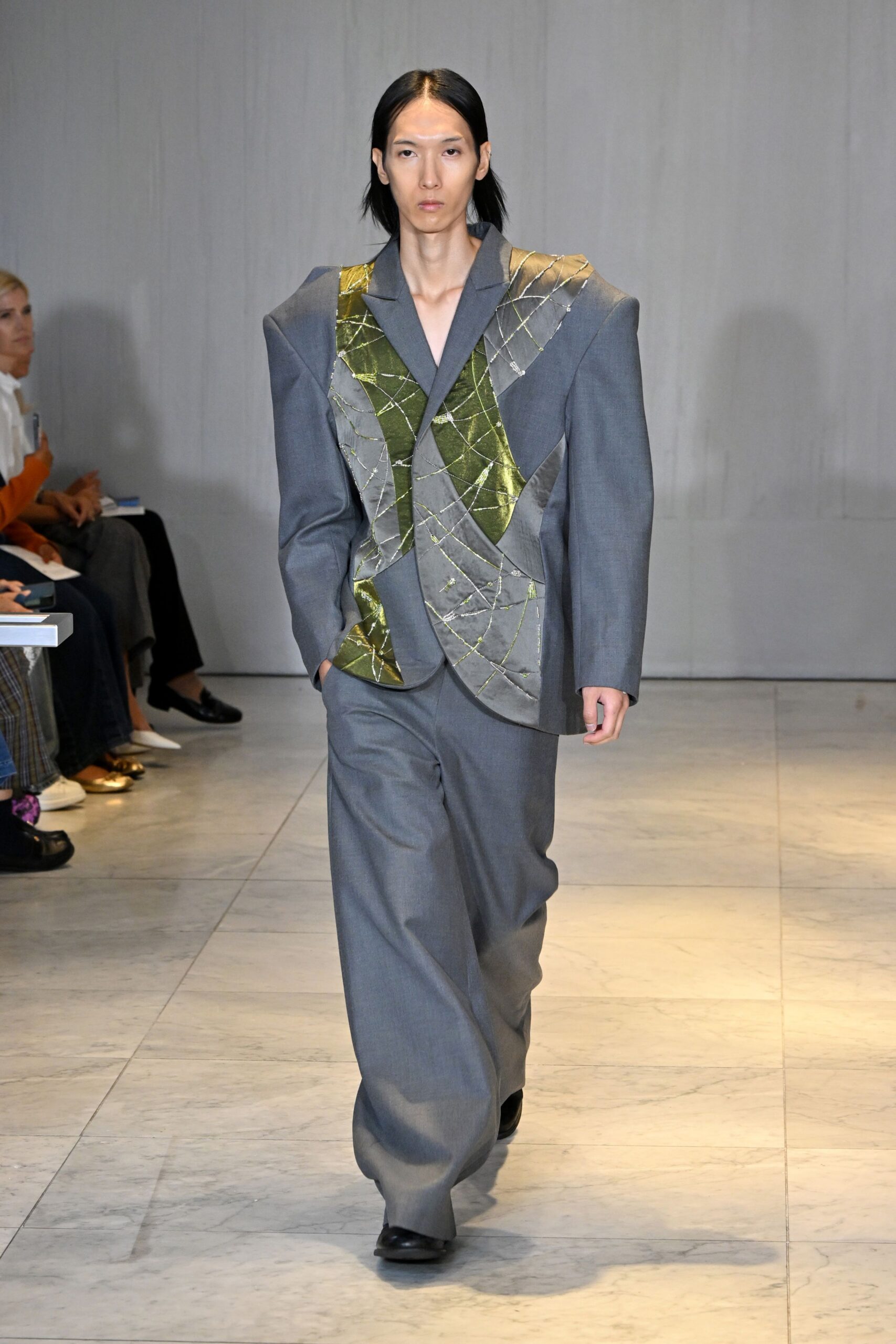 gray wool long-sleeve collared structured layered blazer