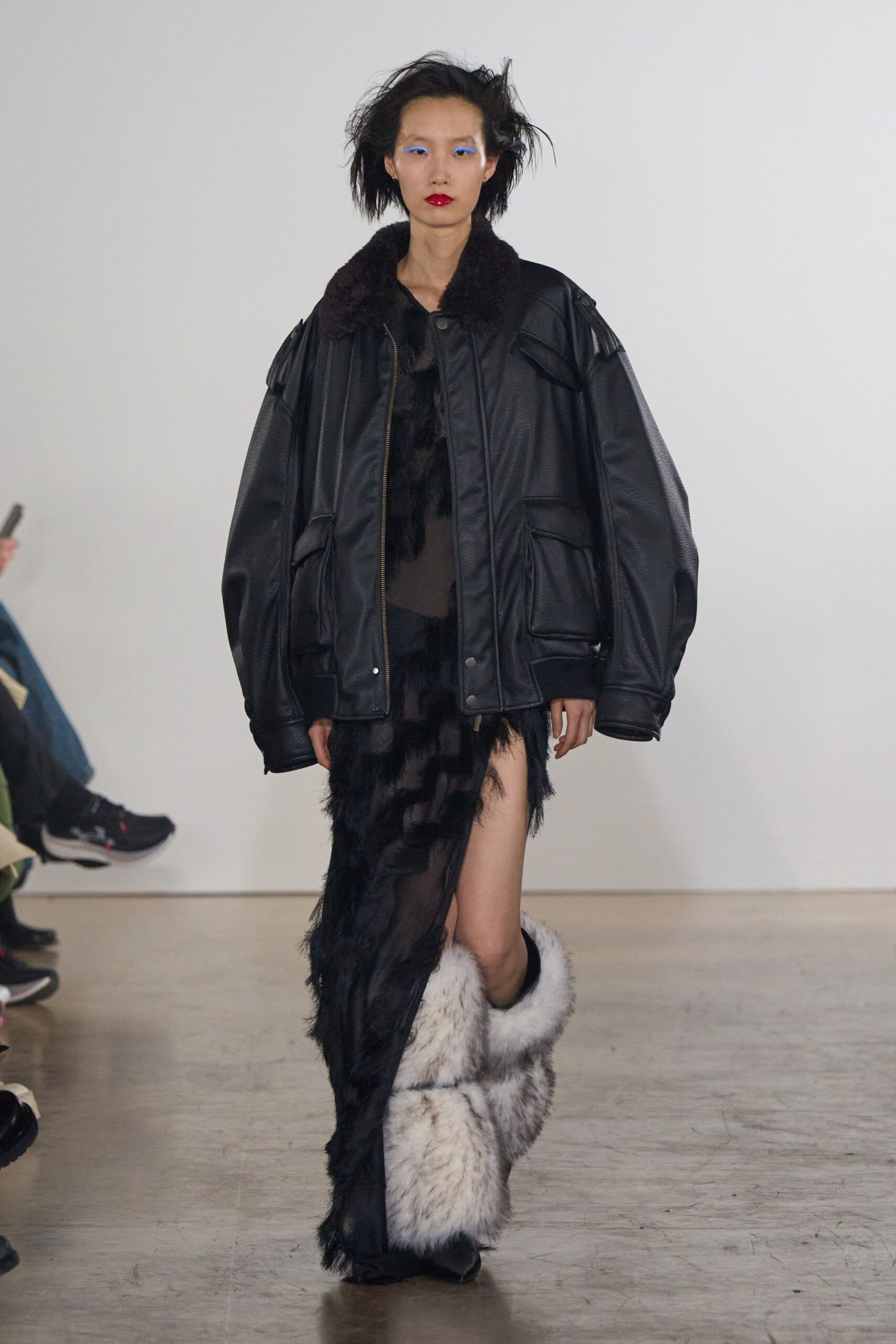 black fur slit fitted layered midi skirt