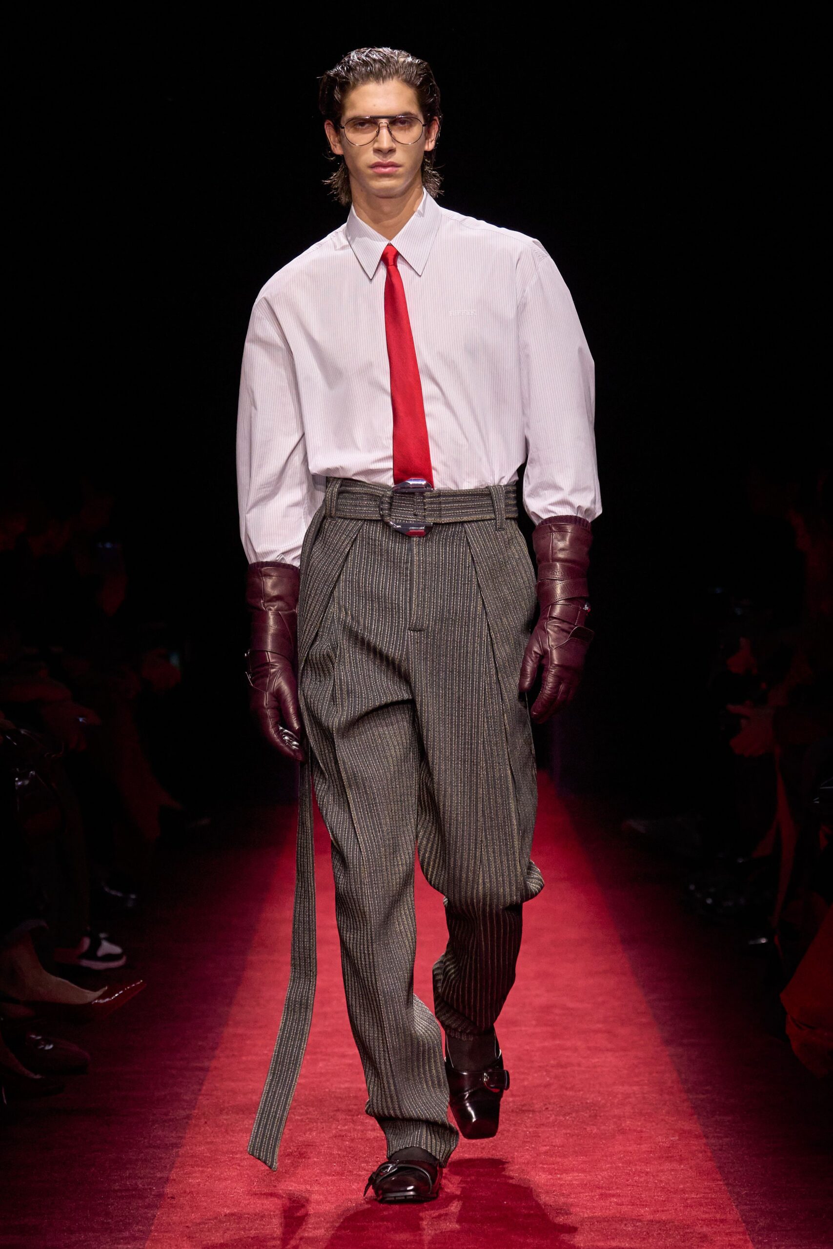 gray wool tailored high-waisted pleated pants