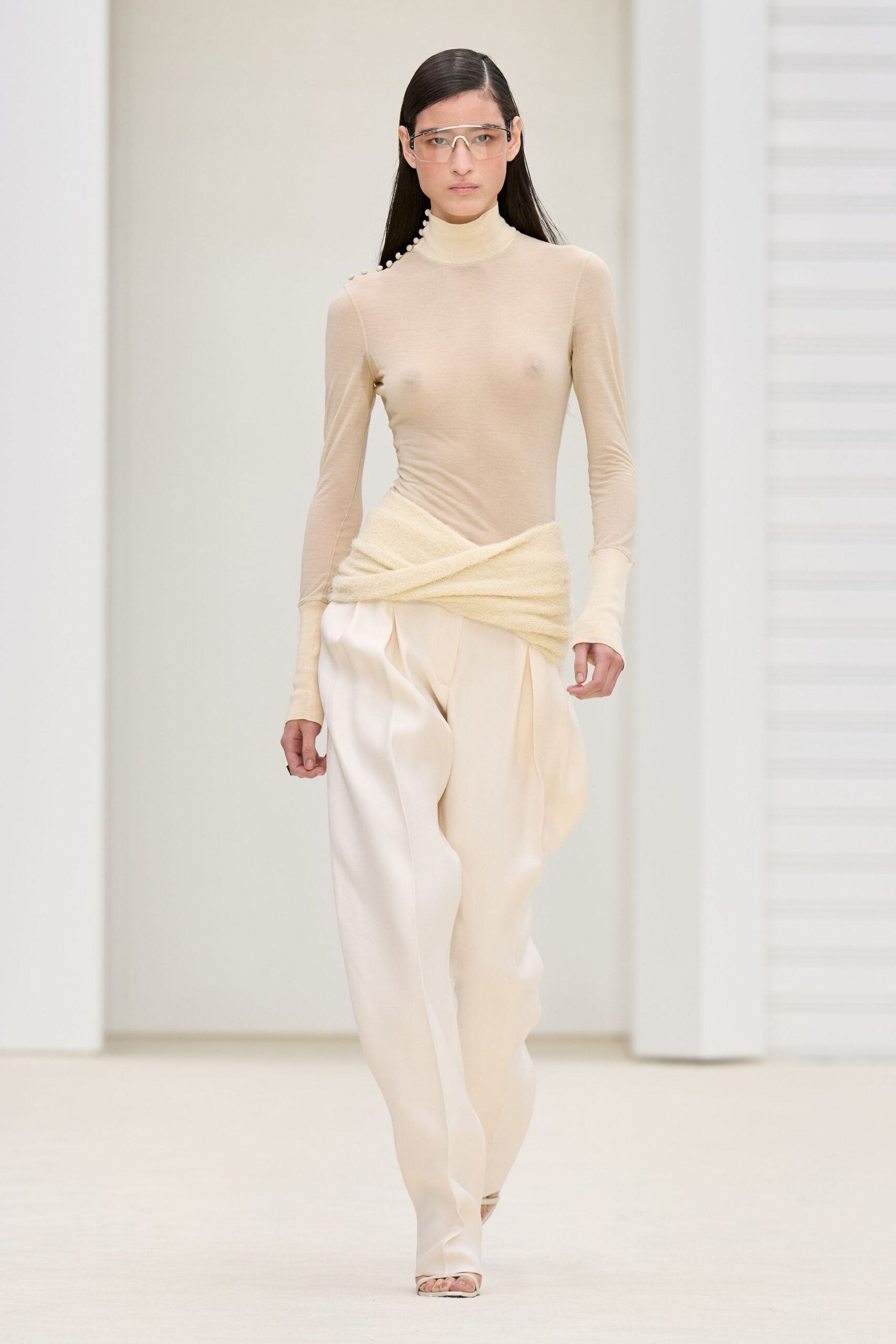 beige mesh long-sleeve turtleneck fitted ruched sheer top