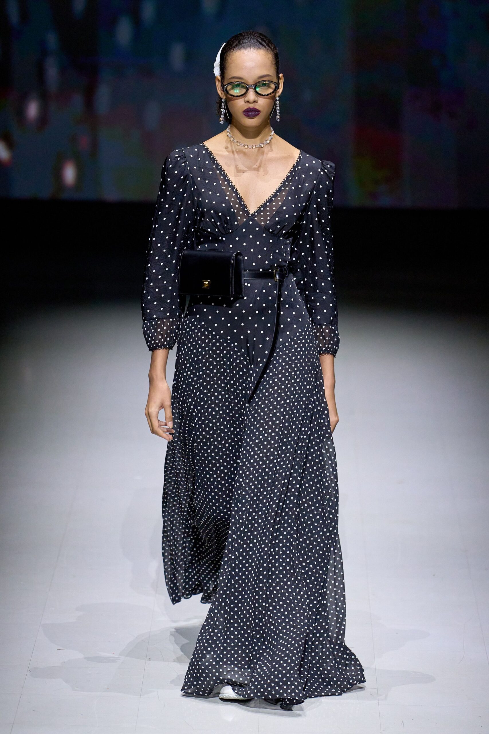 black silk long-sleeve v-neck fitted polka-dot belted gown