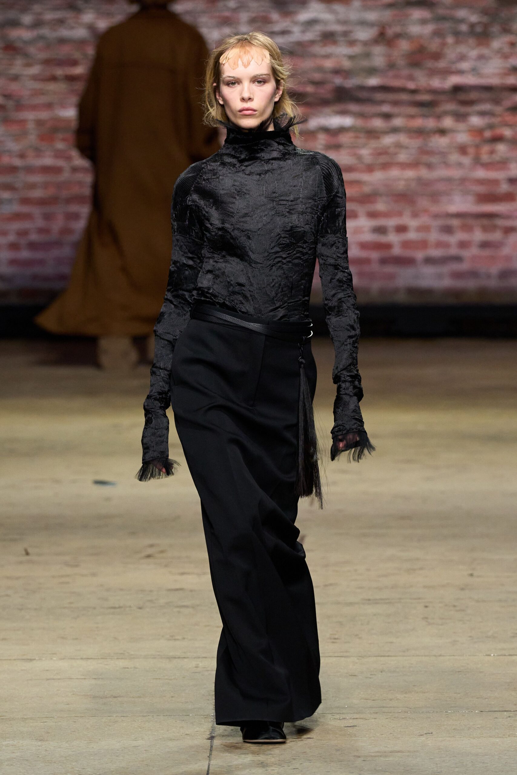 black silk long-sleeve high-neck fitted textured top