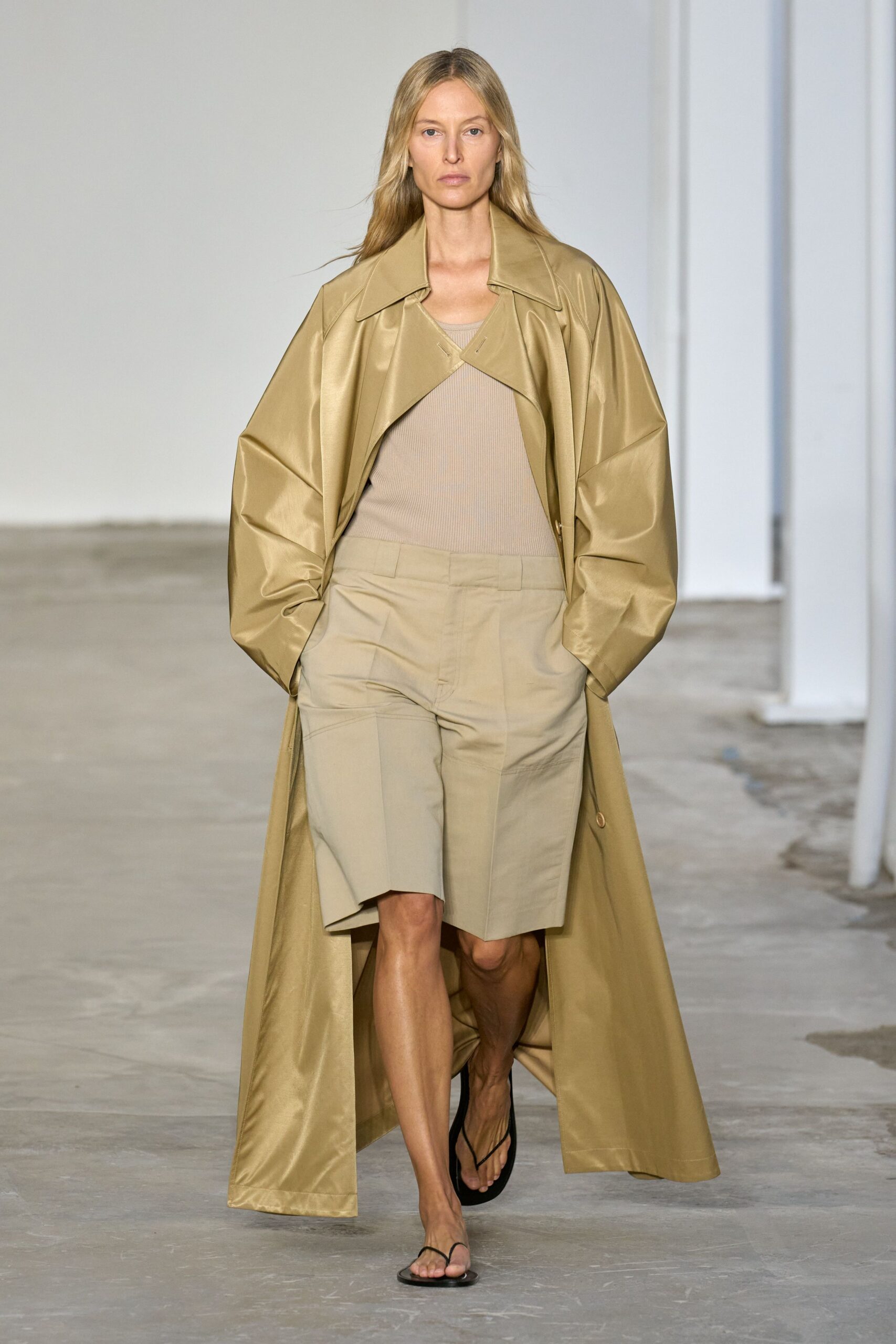 beige silk long-sleeve collared oversized draped coat