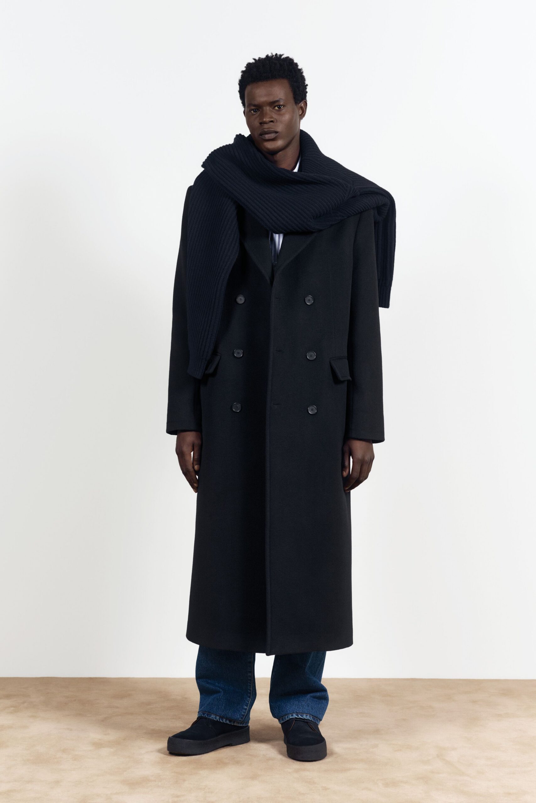black wool long-sleeve double-breasted tailored maxi coat