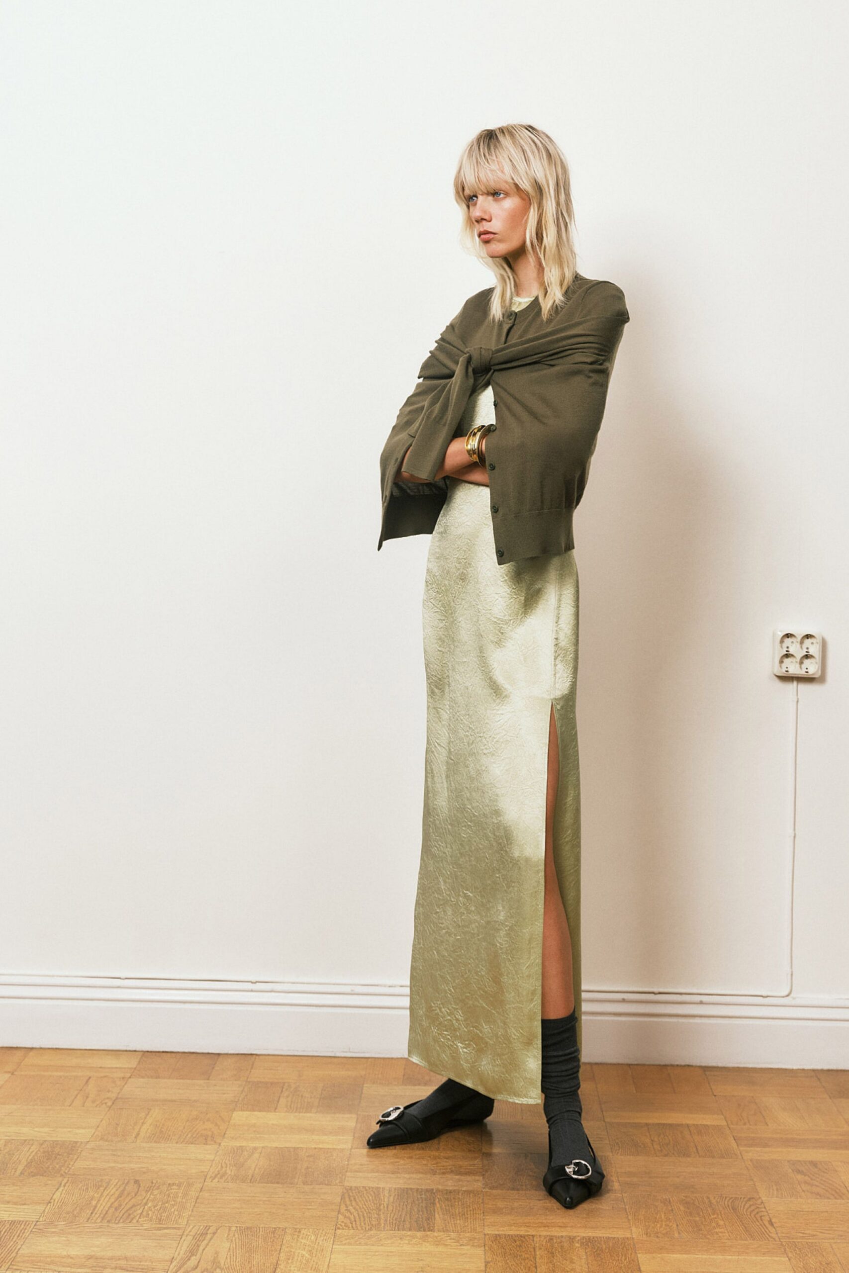 green silk sleeveless slit fitted flowing maxi dress