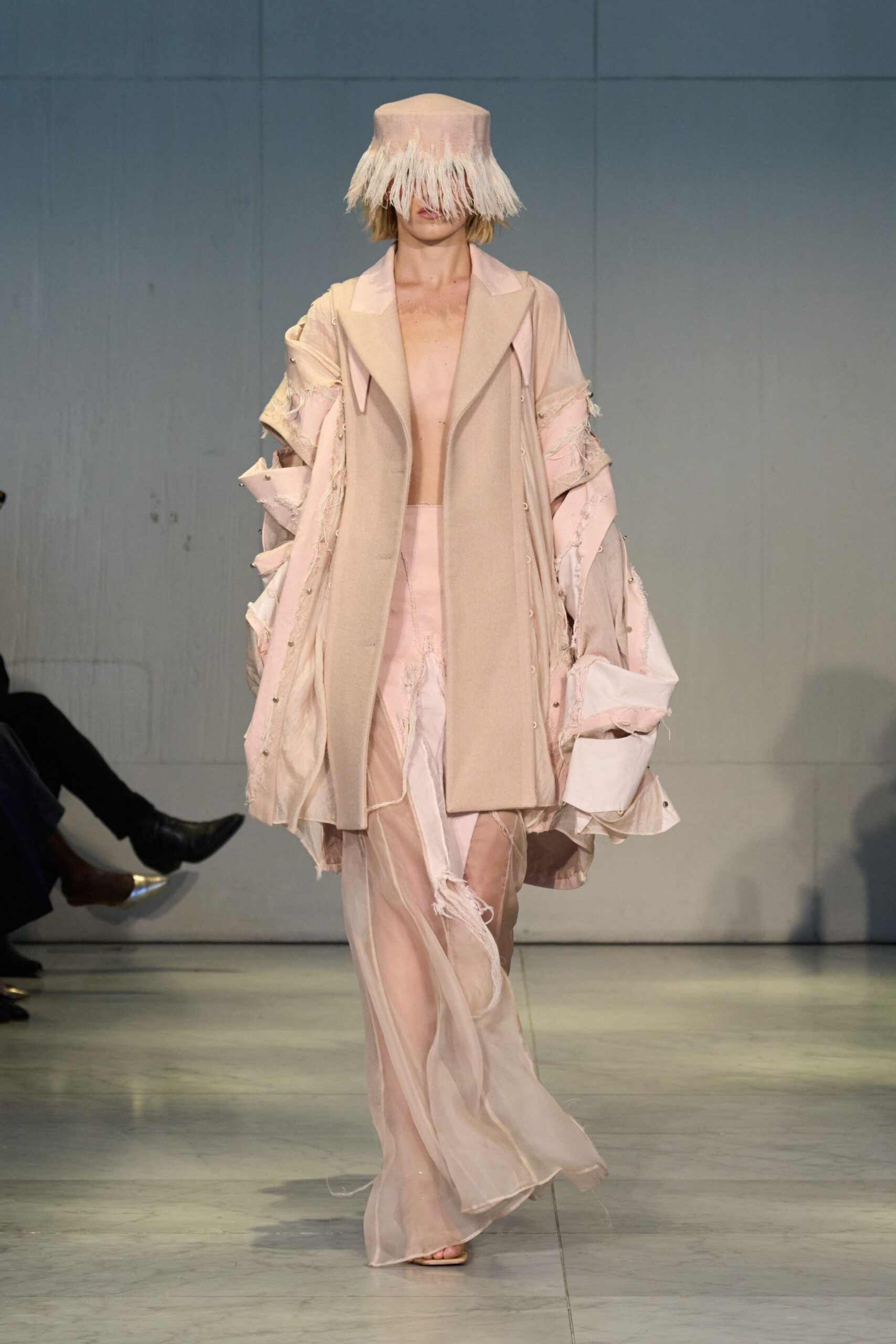 beige coat pink tiered dress