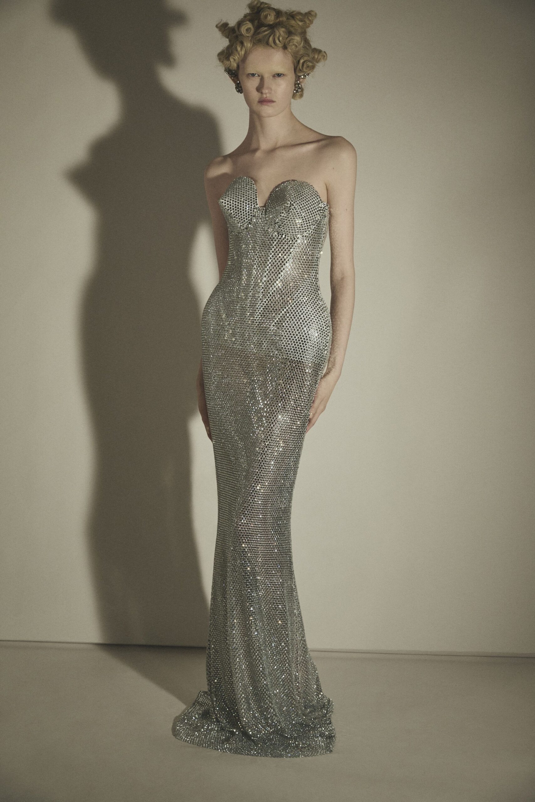 silver sequined strapless gown