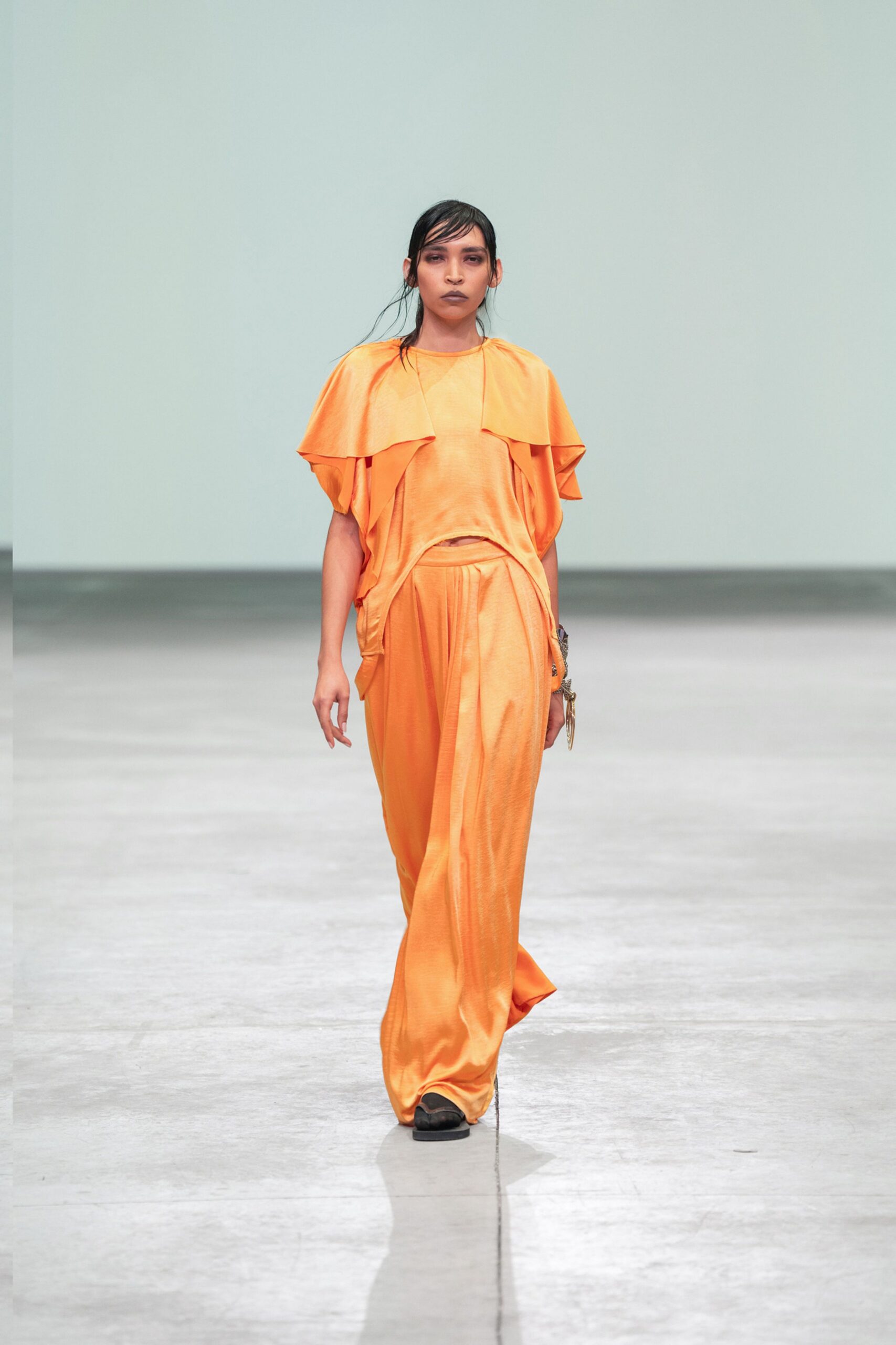 orange silk short-sleeve relaxed draped flowing jumpsuit