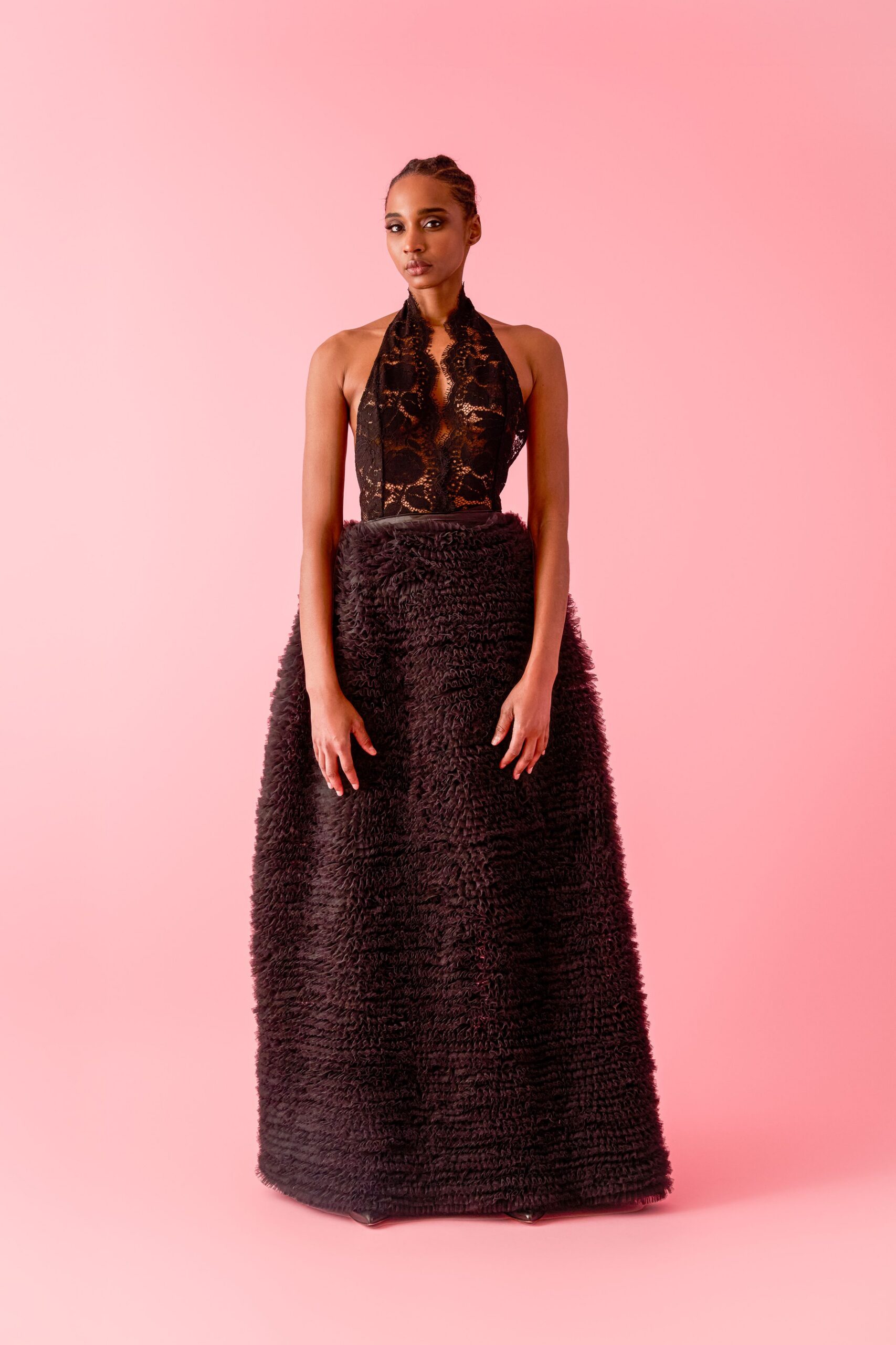 black fur relaxed tiered maxi skirt