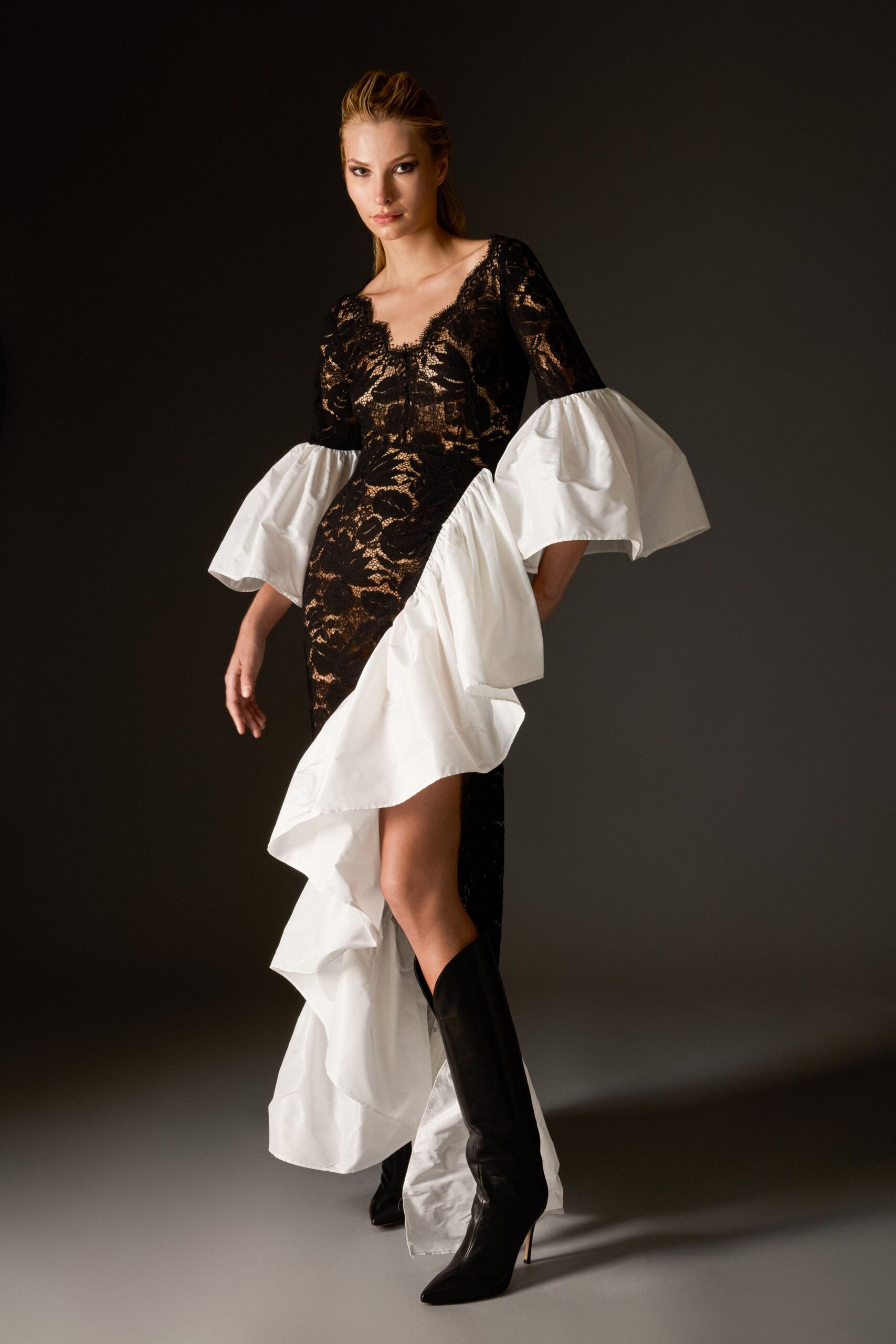 black lace midi dress with ruffles