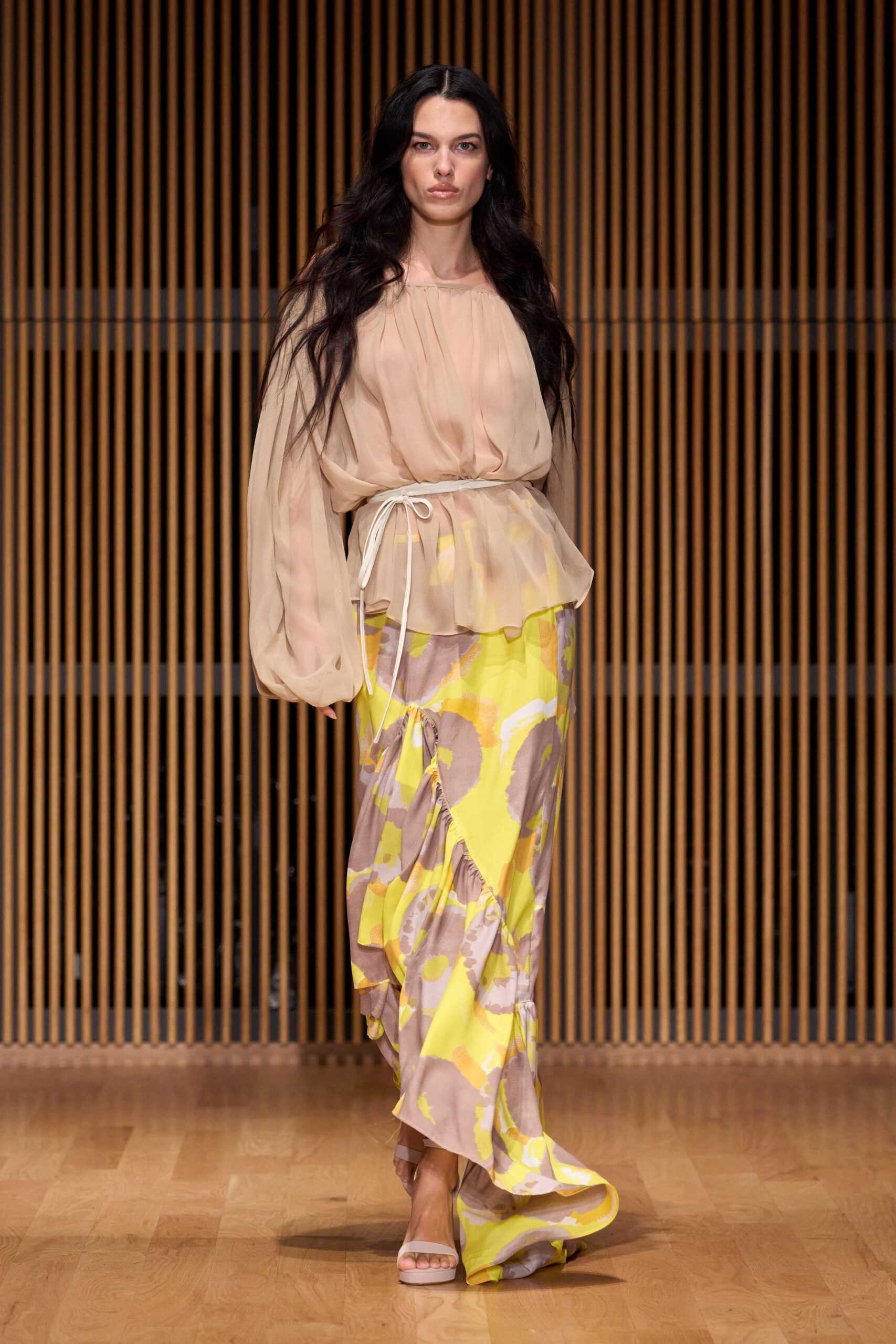 yellow silk fitted tiered flared flowing maxi skirt