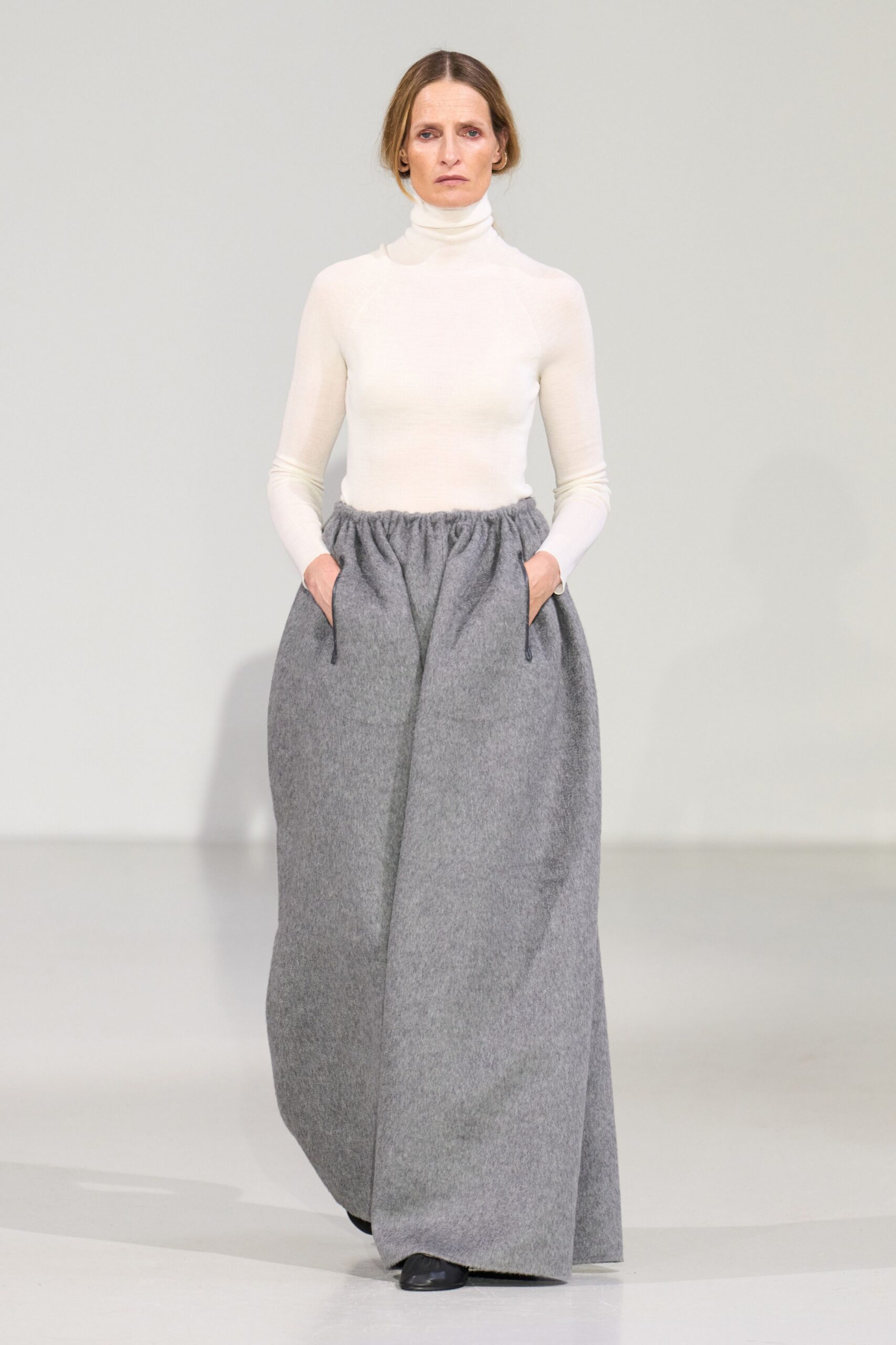 white fitted top gray maxi skirt