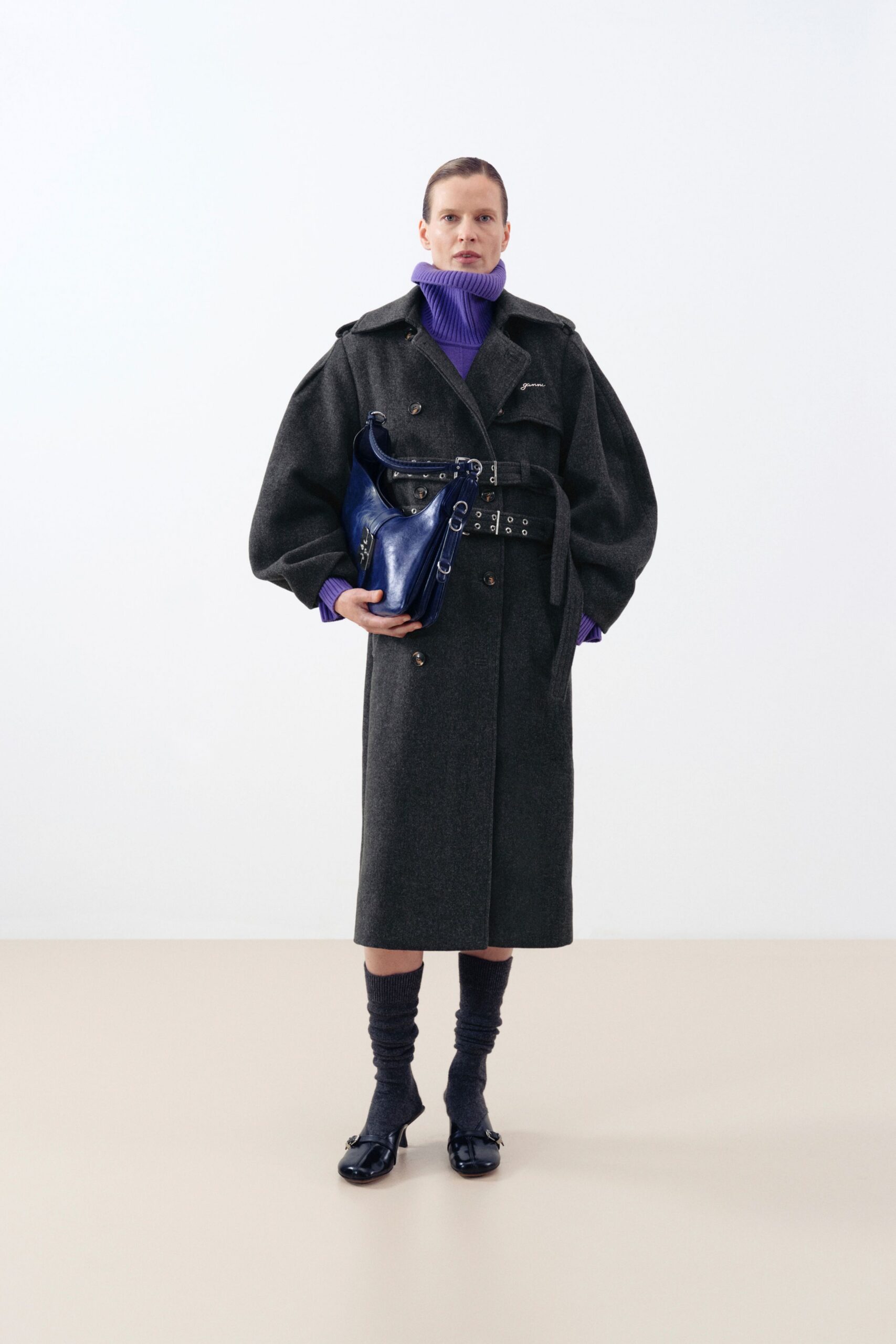 gray wool long-sleeve collared oversized buttoned belted coat