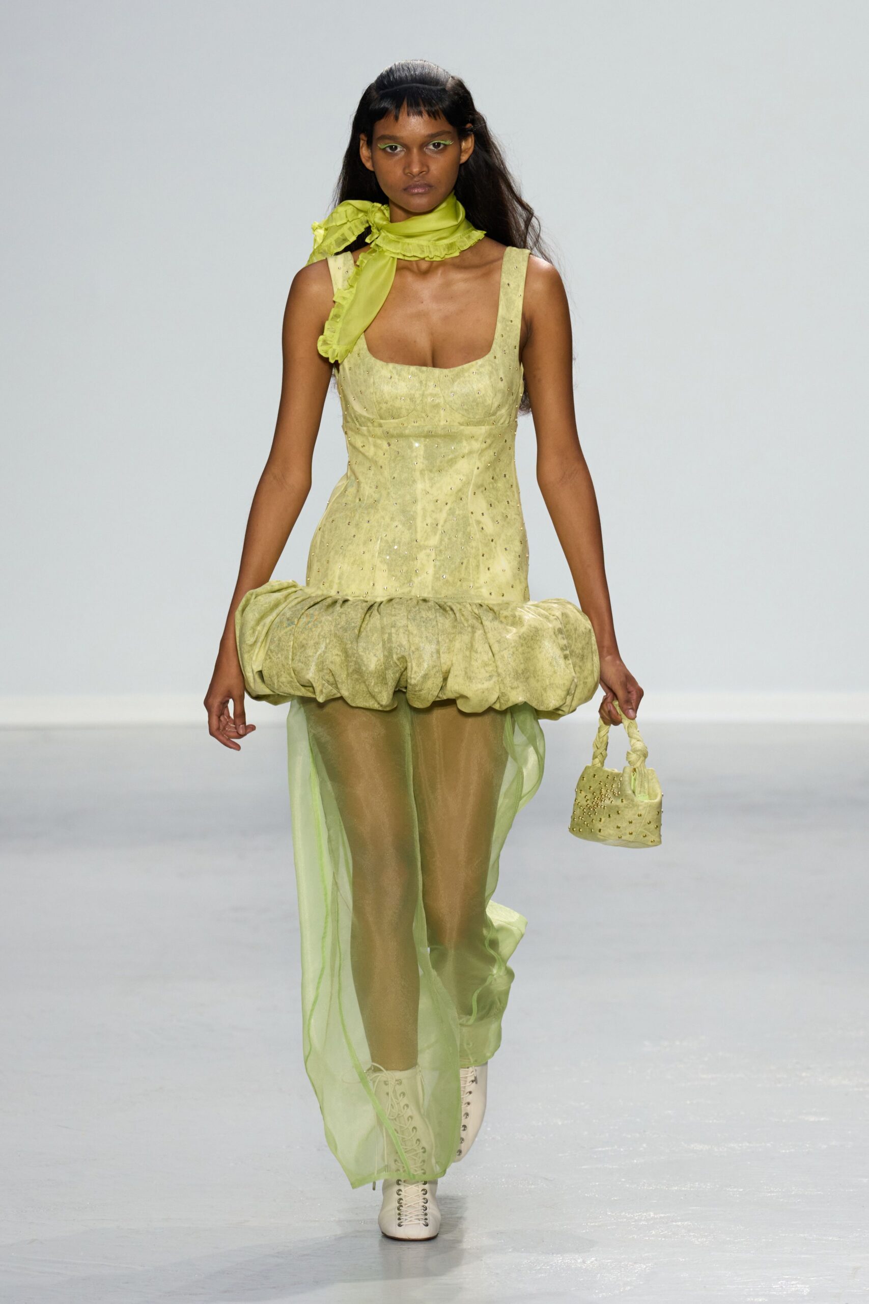 yellow silk sleeveless square-neck fitted ruffled pleated dress