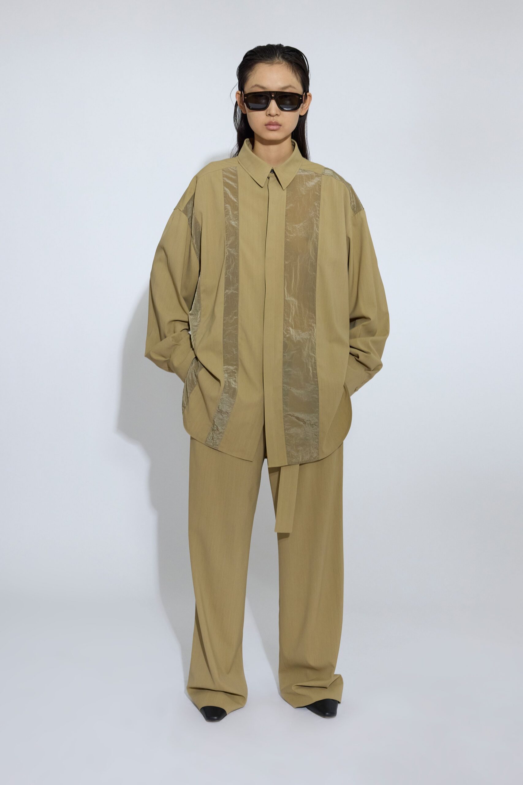 beige cotton long-sleeve collared oversized buttoned shirt