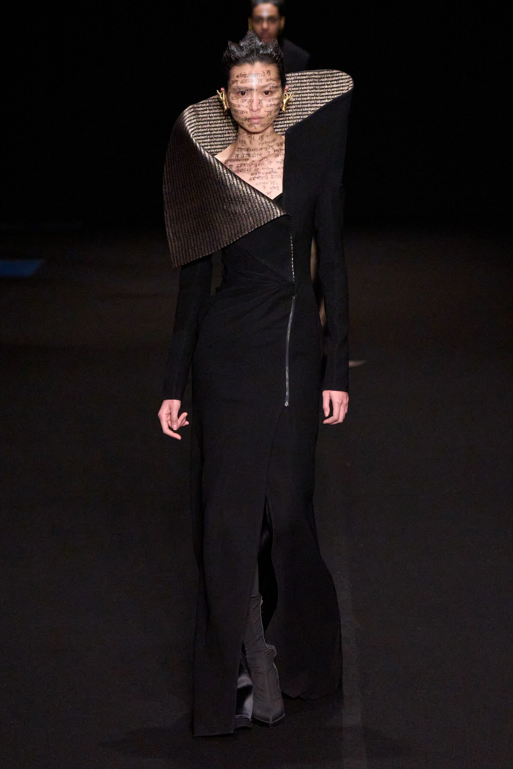 black silk long-sleeve v-neck fitted zippered draped gown