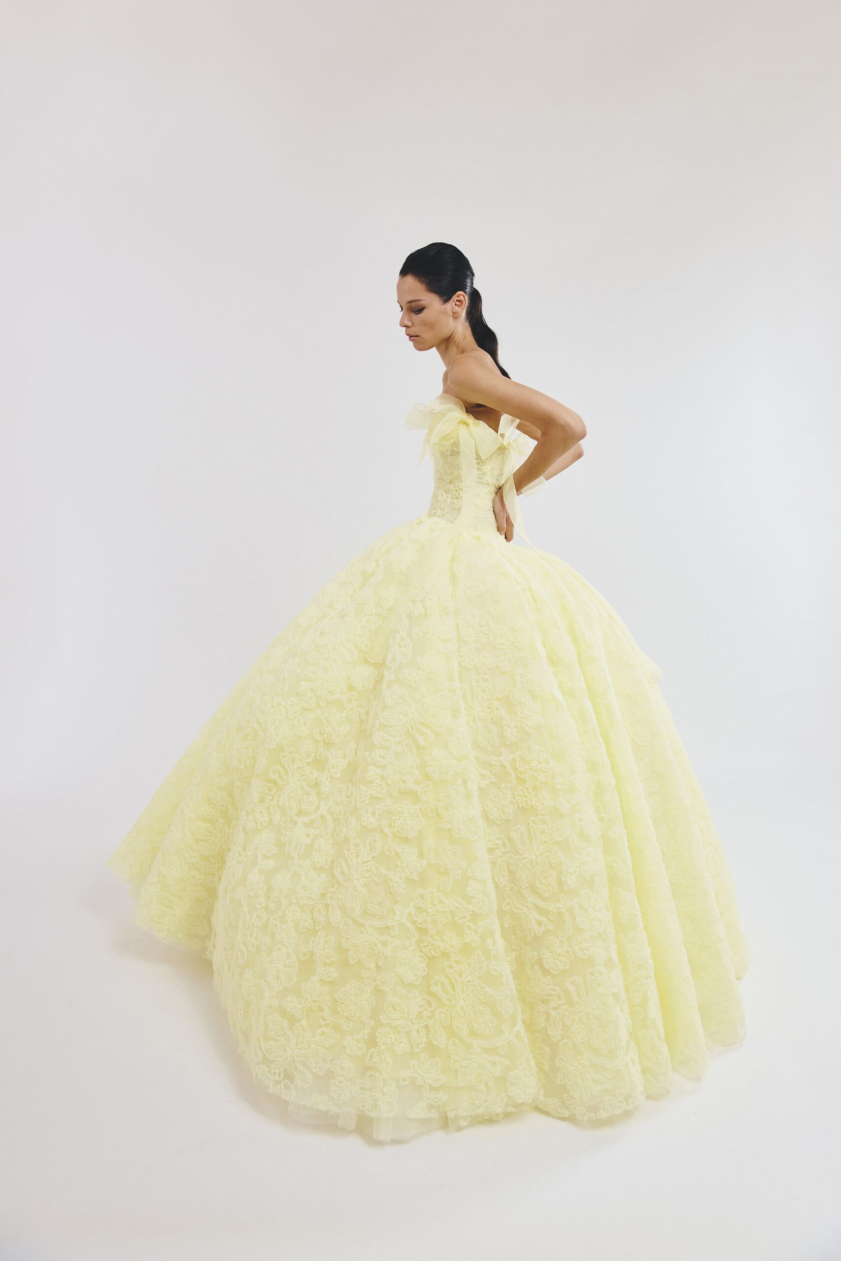 yellow lace strapless gown