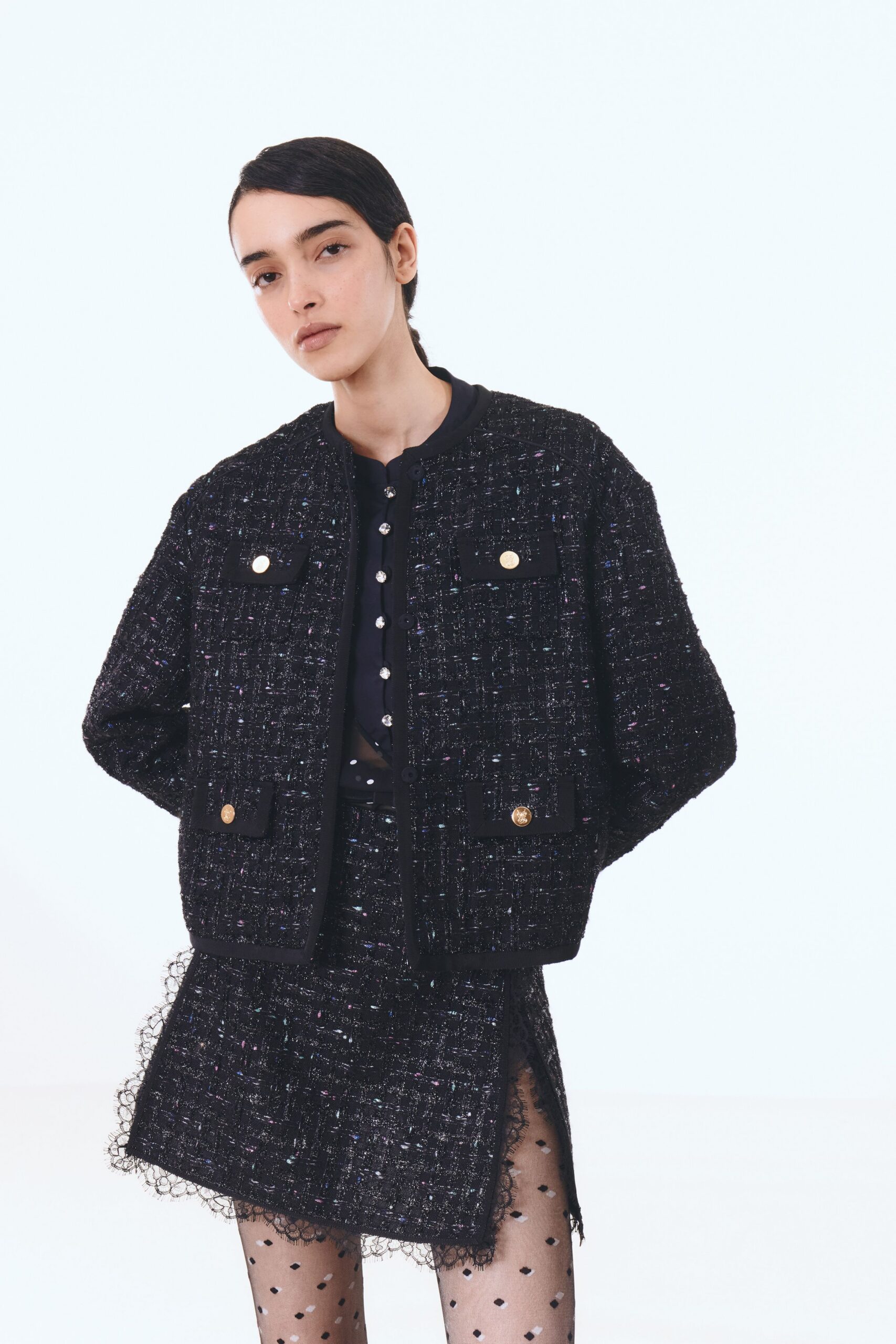 black tweed jacket with mini skirt
